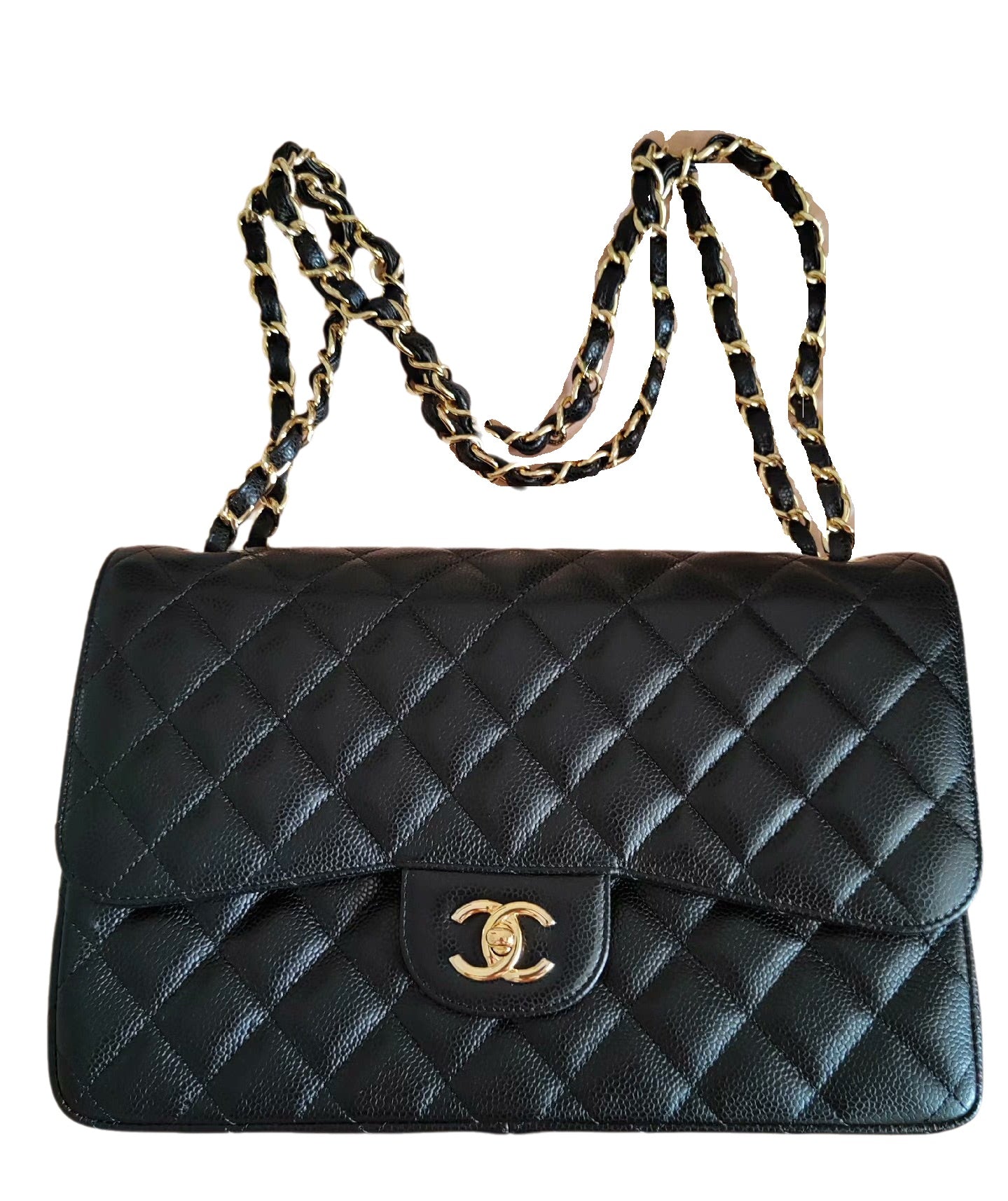 Chanel Classic Flap Jumbo Caviar Double Flap Black Gold Leather Handbag
