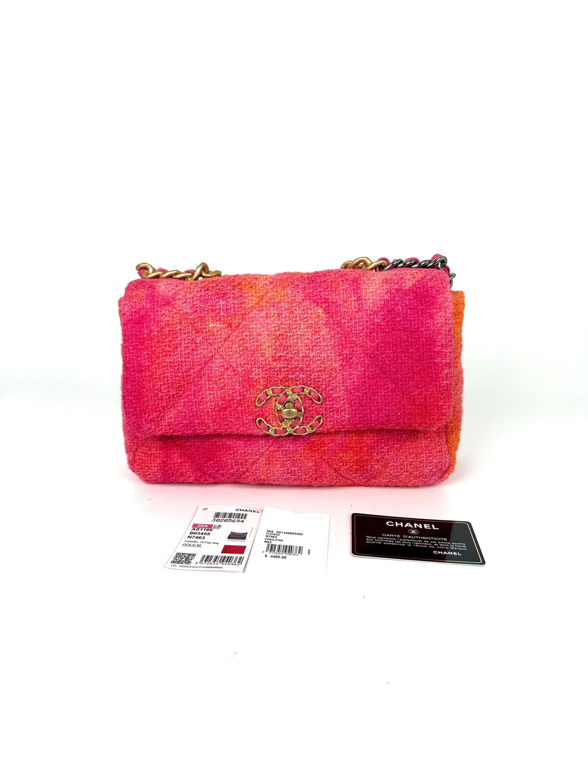 Chanel 19 Medium Pink Coral Tweed Quilted Gold Hardware Flap Bag