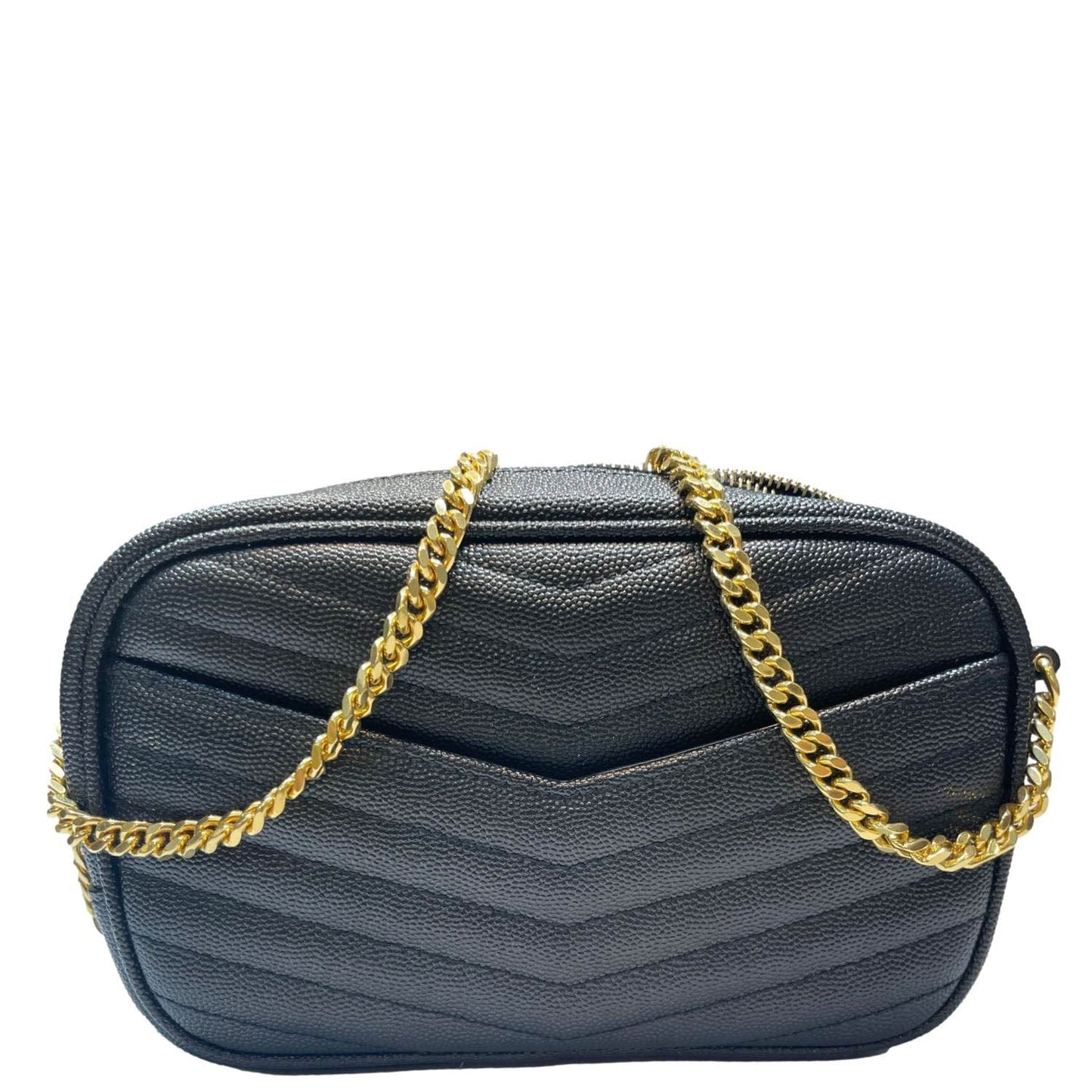 YSL Saint Laurent Yves Lou Chevron Camera Bag Leather Black Travel Bag