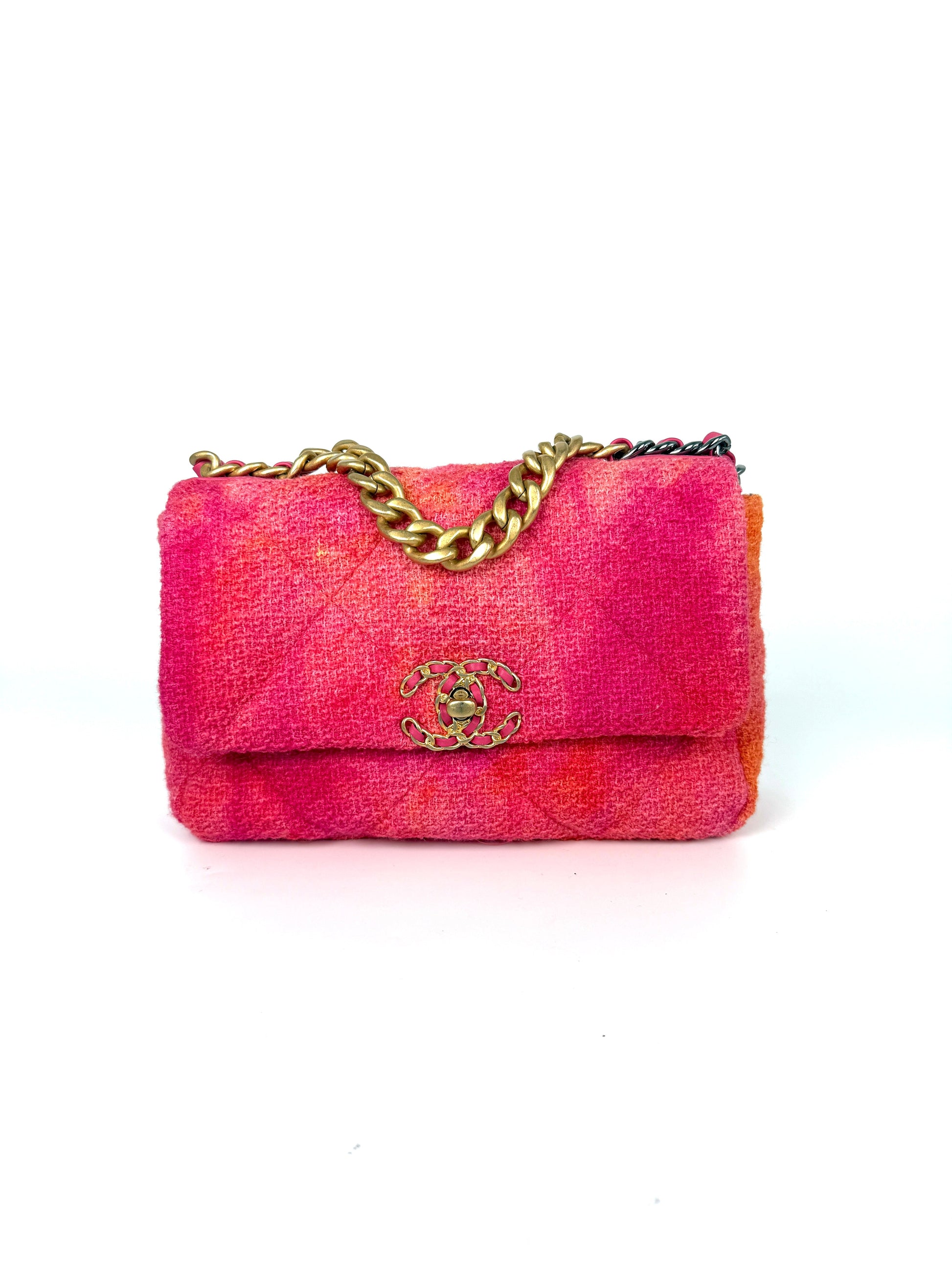 Chanel 19 Medium Pink Coral Tweed Quilted Gold Hardware Flap Bag