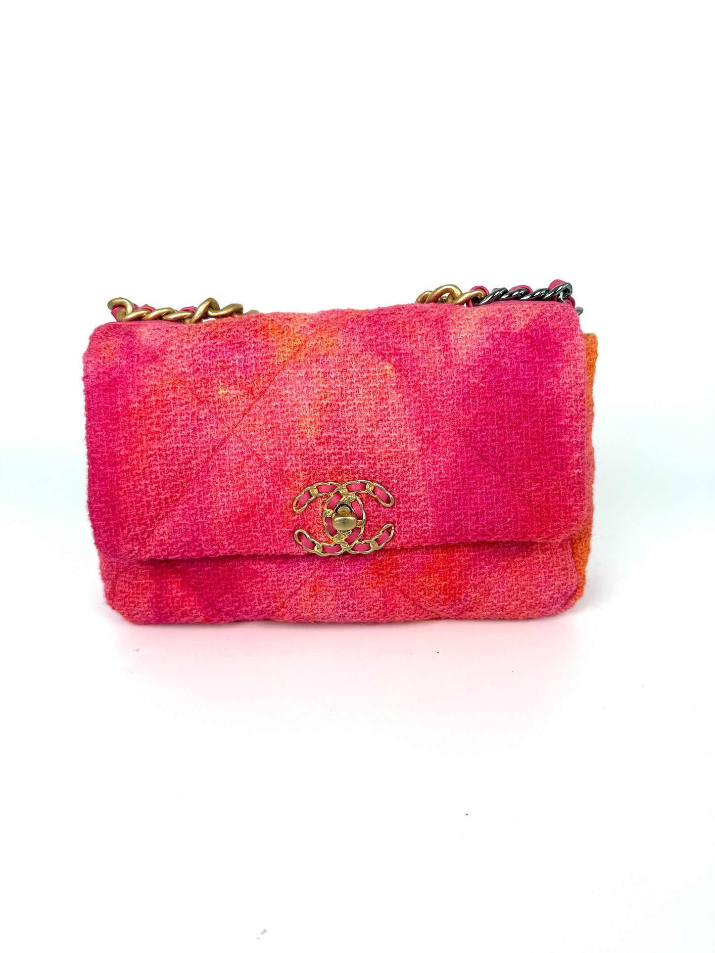 Chanel 19 Medium Pink Coral Tweed Quilted Gold Hardware Flap Bag