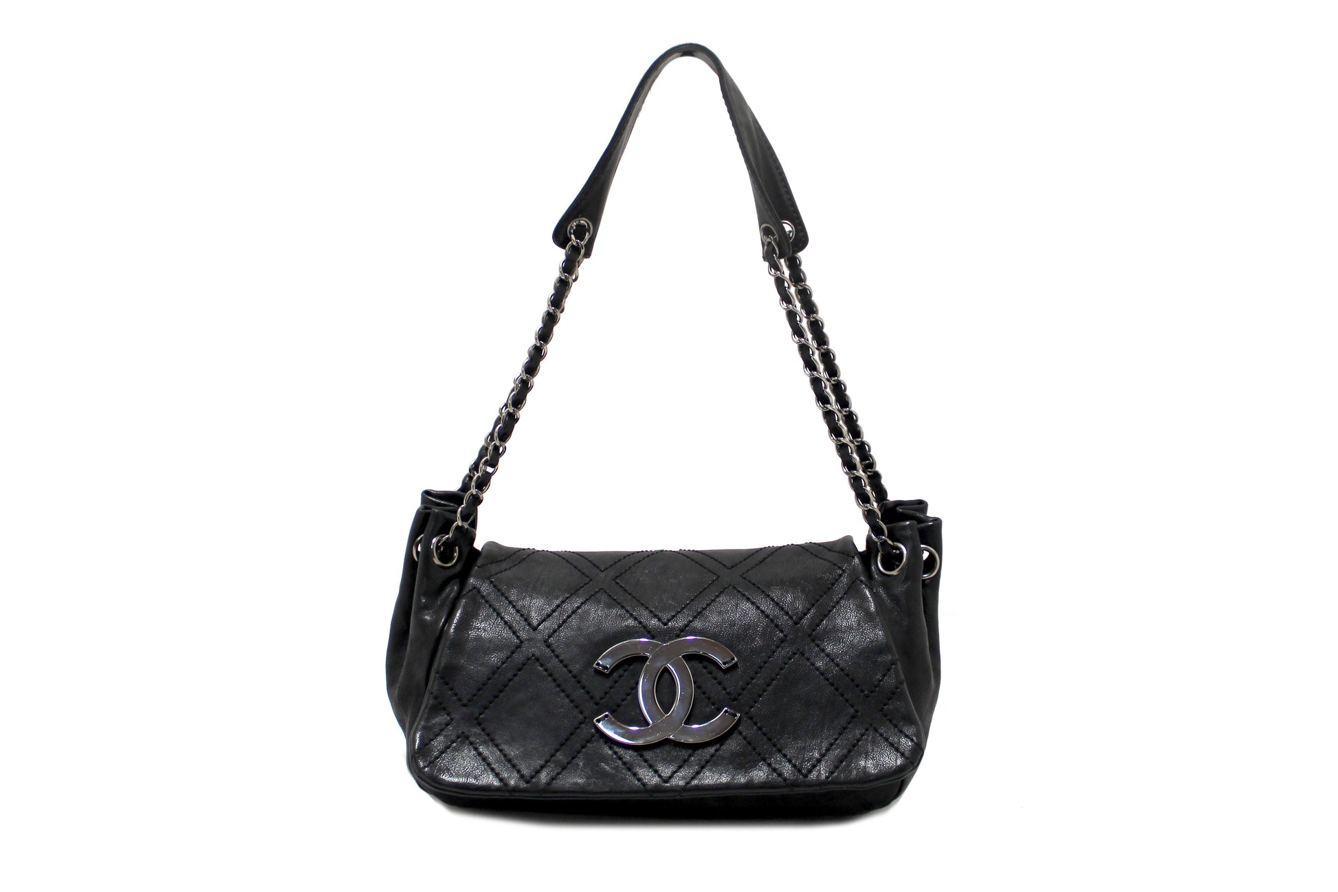 Chanel Black Diamond Stitch Accordion Flap Shoulder Bag