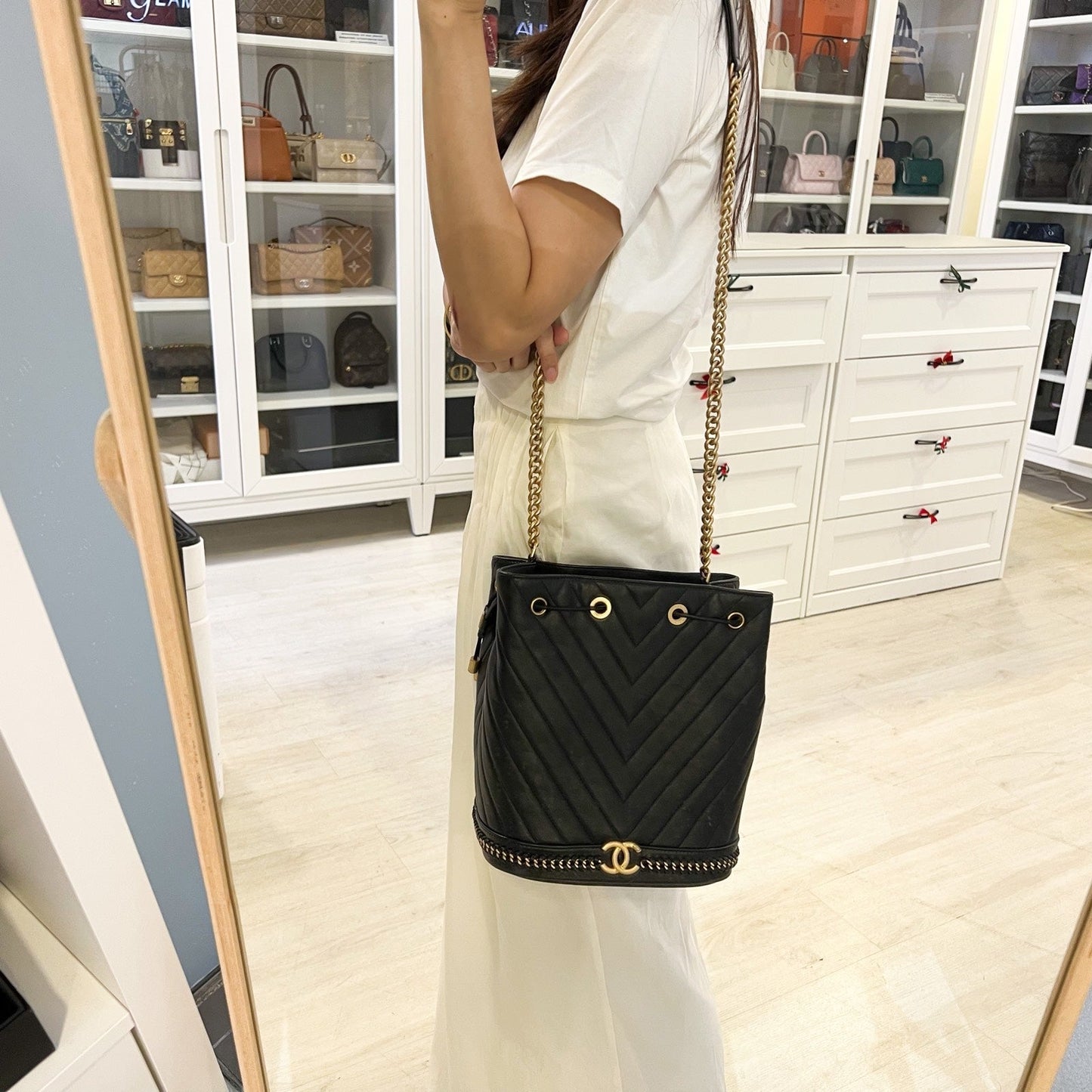 Chanel Chain Around Bucket Bag in Black Chevron Calfskin and AGHW