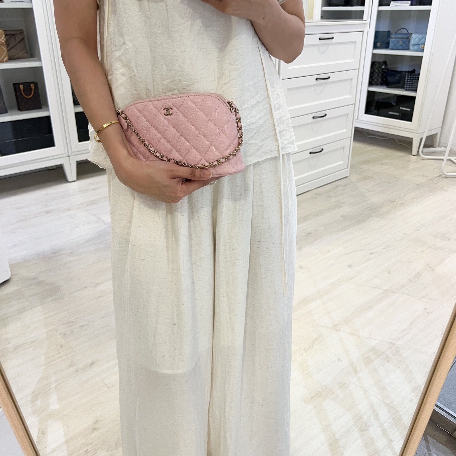 Chanel 24K Medium Pouch / Clutch with Chain in Sakura Pink Caviar and Lghw ( )