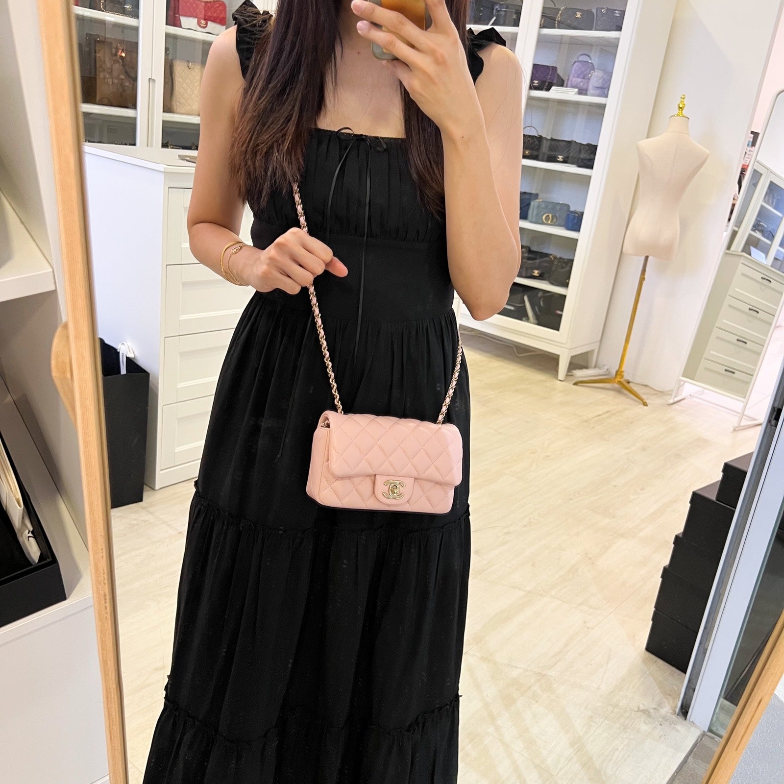 Chanel [local Full Set] 24K Extra Mini Rectangular Flap in Sakura Pink Lambskin and Ghw ( ) Handbag
