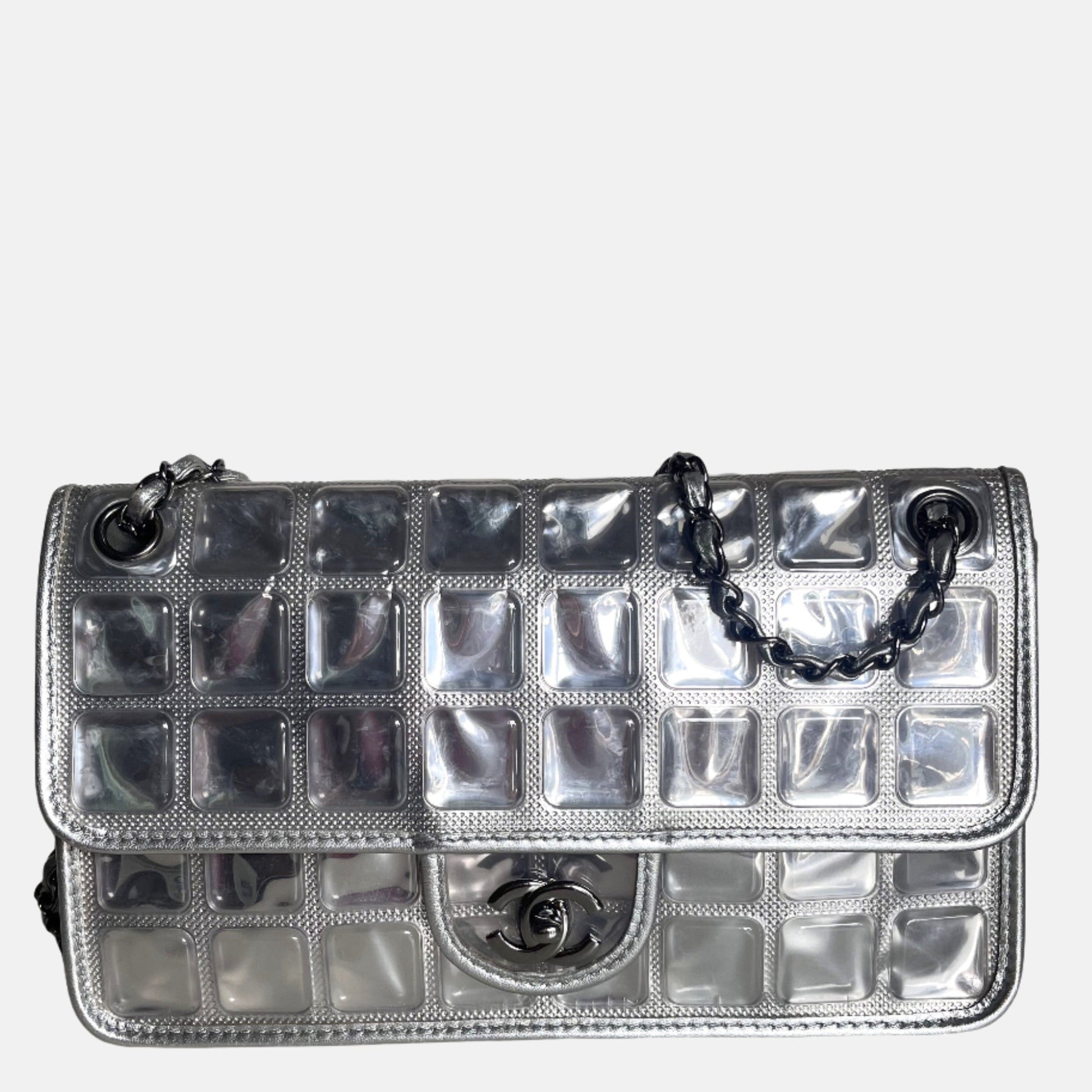 Chanel Ice Cube Chocolate Bar Classic Flap Silver Leather Handbag