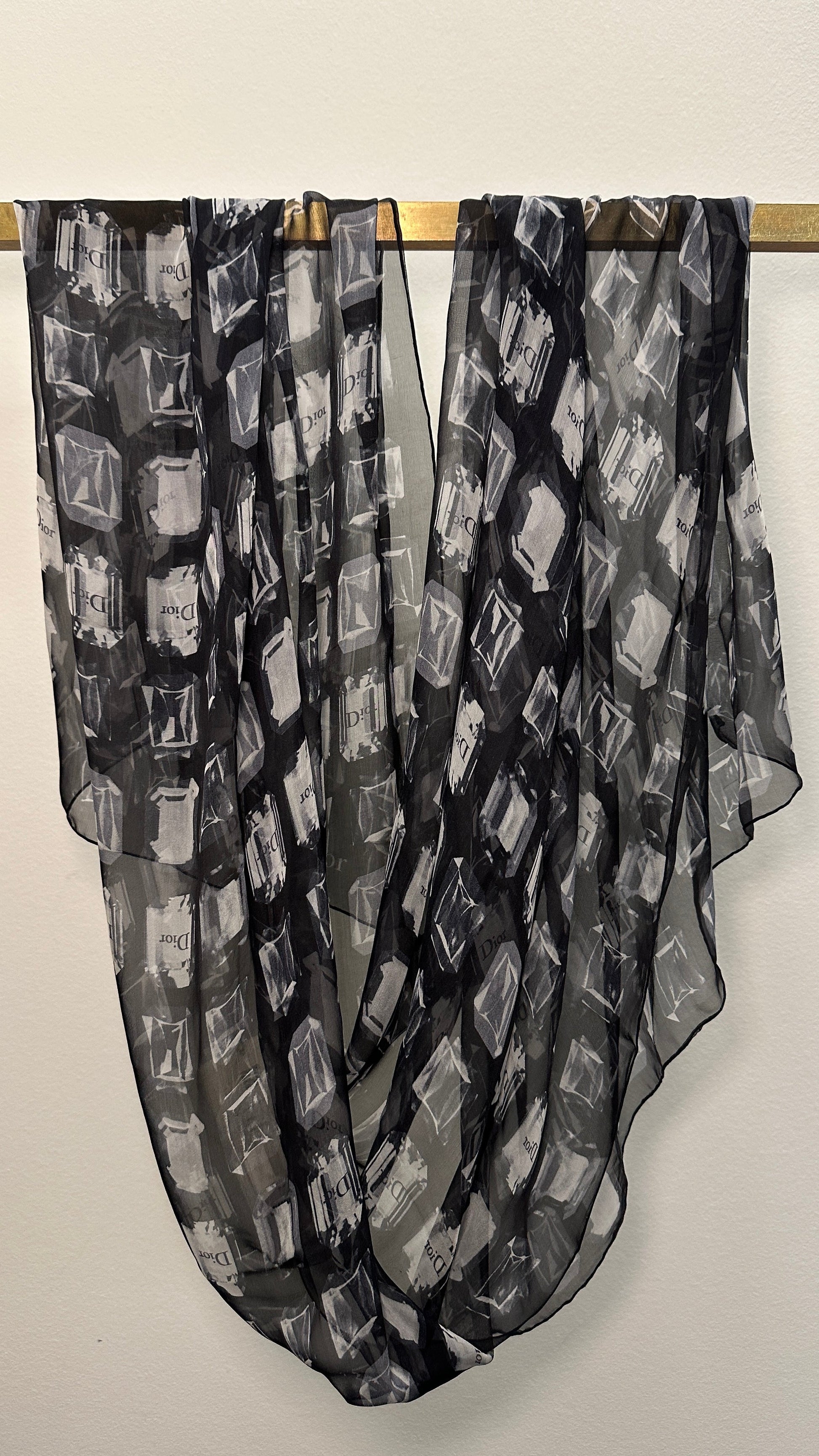 Dior Diamond Scarf Grey Organza Silk Black Gray Logo