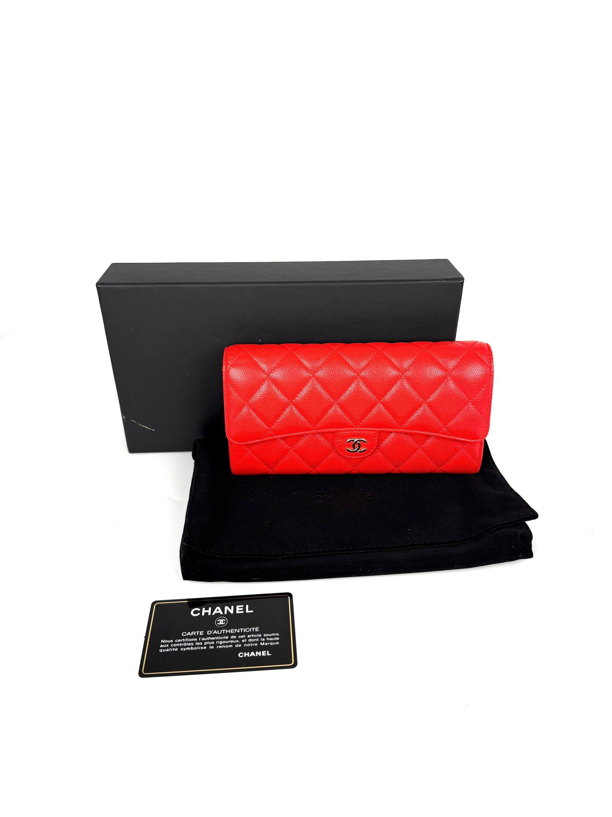 Chanel Red Quilted Caviar Flap CC Long Gusset Continental Wallet Handbag