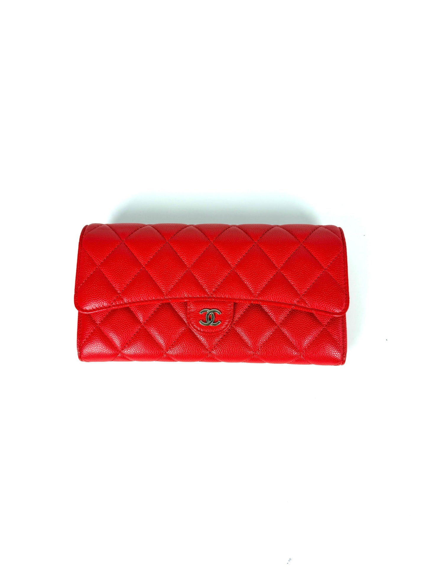 Chanel Red Quilted Caviar Flap CC Long Gusset Continental Wallet Handbag