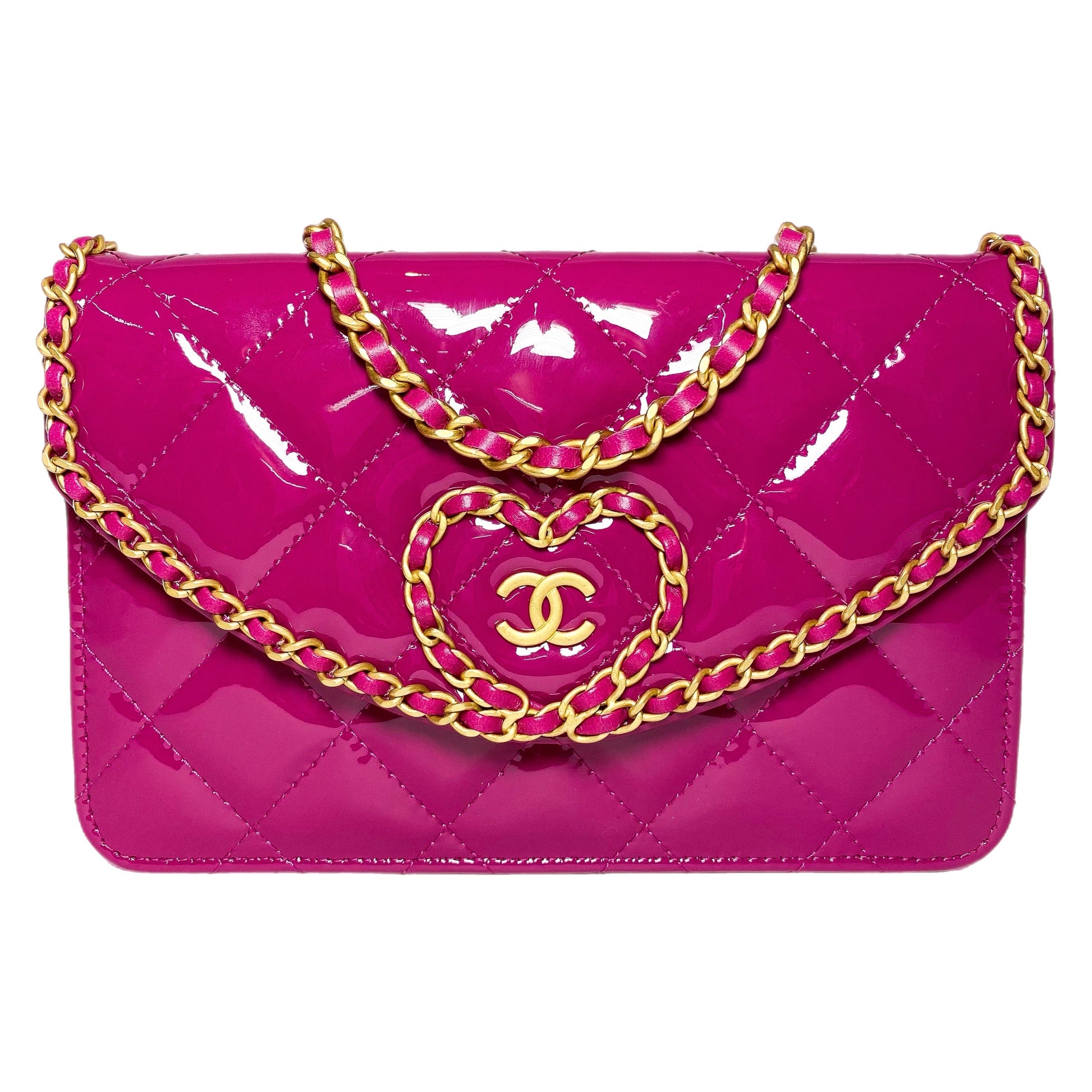Chanel Fuchsia Patent Chain Heart Wallet on Chain