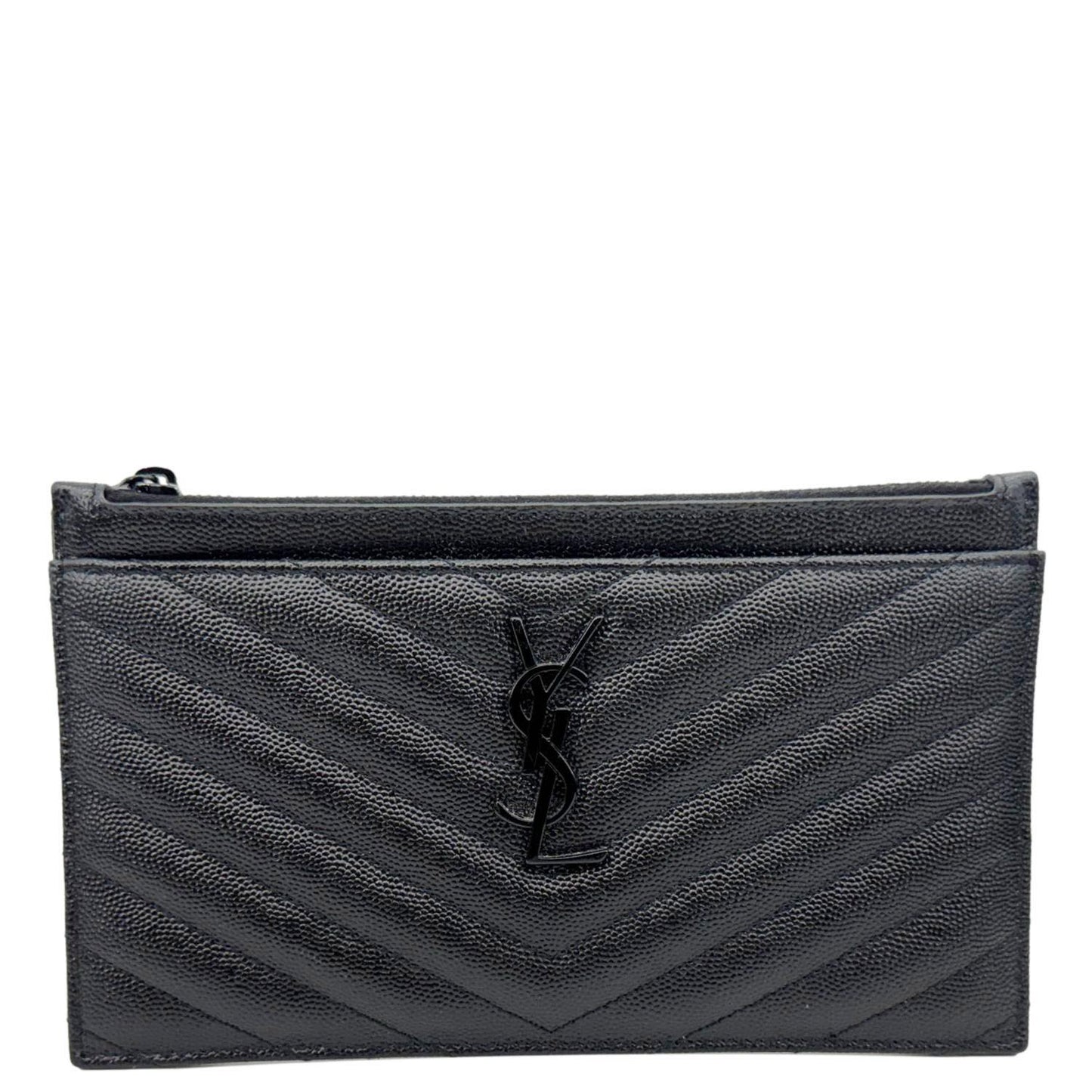 YSL Saint Laurent Yves Bill Grain De Poudre Chevron Pouch Handbag Leather Monogram Black Travel Bag