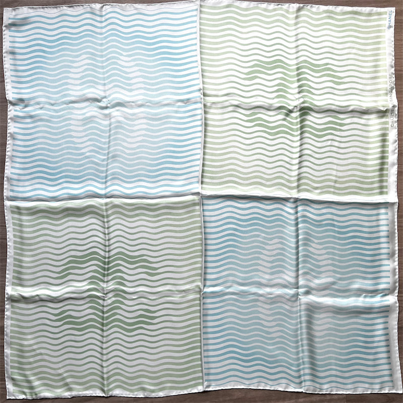 Chanel Cruise In Singapore 90Cm Vip Gift Scarf In Sage Blue Cream 100% Silk Bag