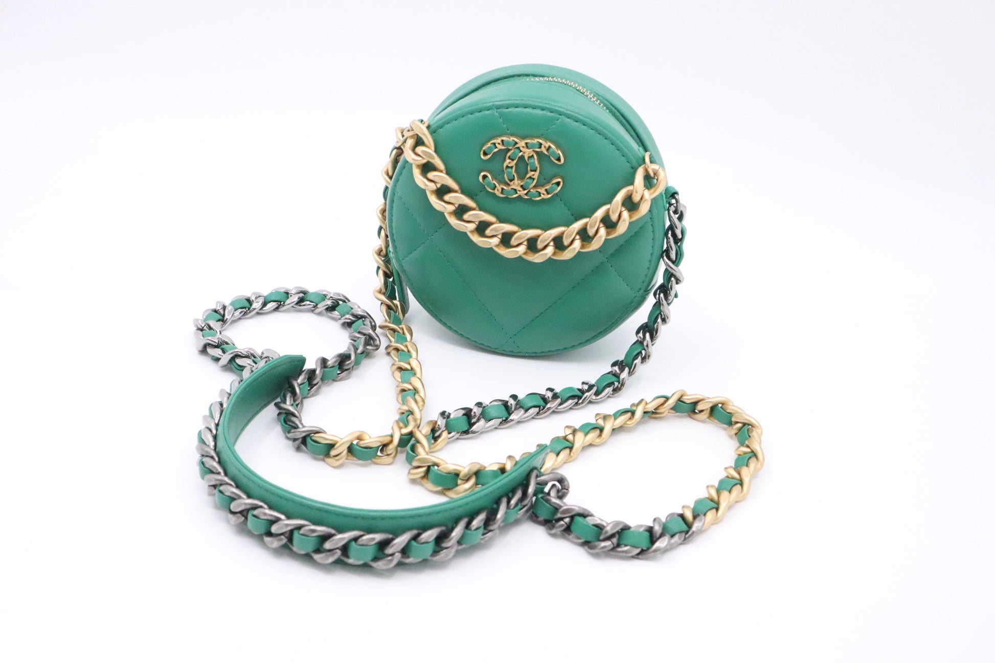 Chanel 19 Round on Green Leather Clutch Bag