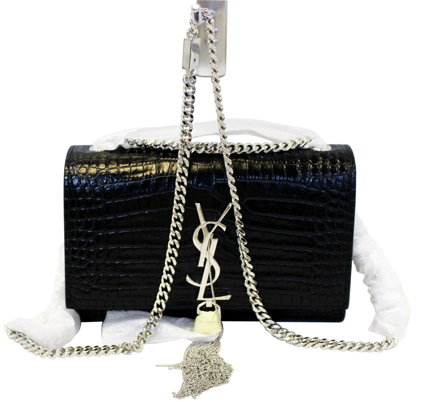 YSL Saint Laurent Yves Crocodile Clutch Crossbody Bag Leather Black Silver Clutch Bag