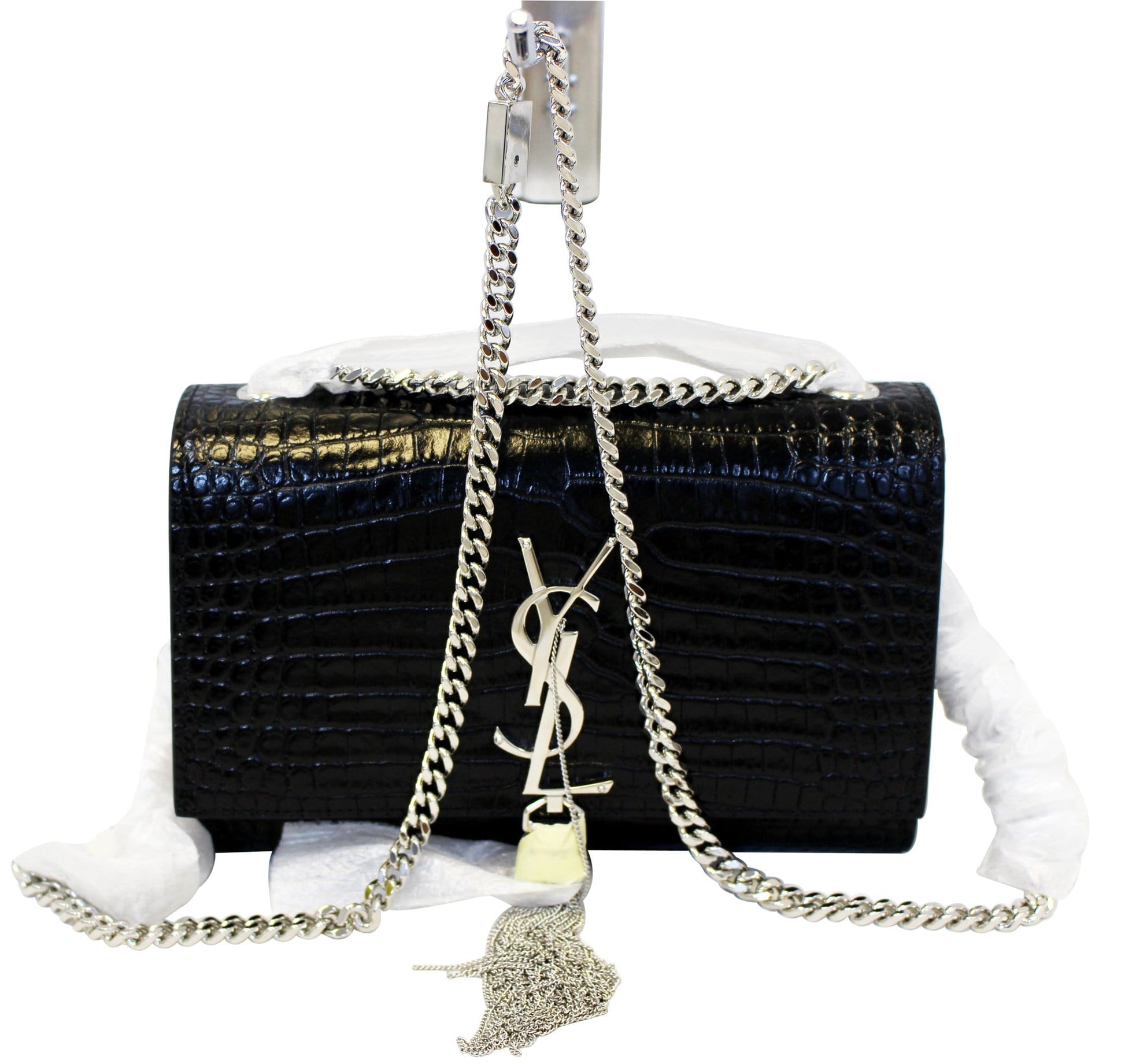 YSL Saint Laurent Yves Crocodile Clutch Crossbody Bag Leather Black Silver Clutch Bag