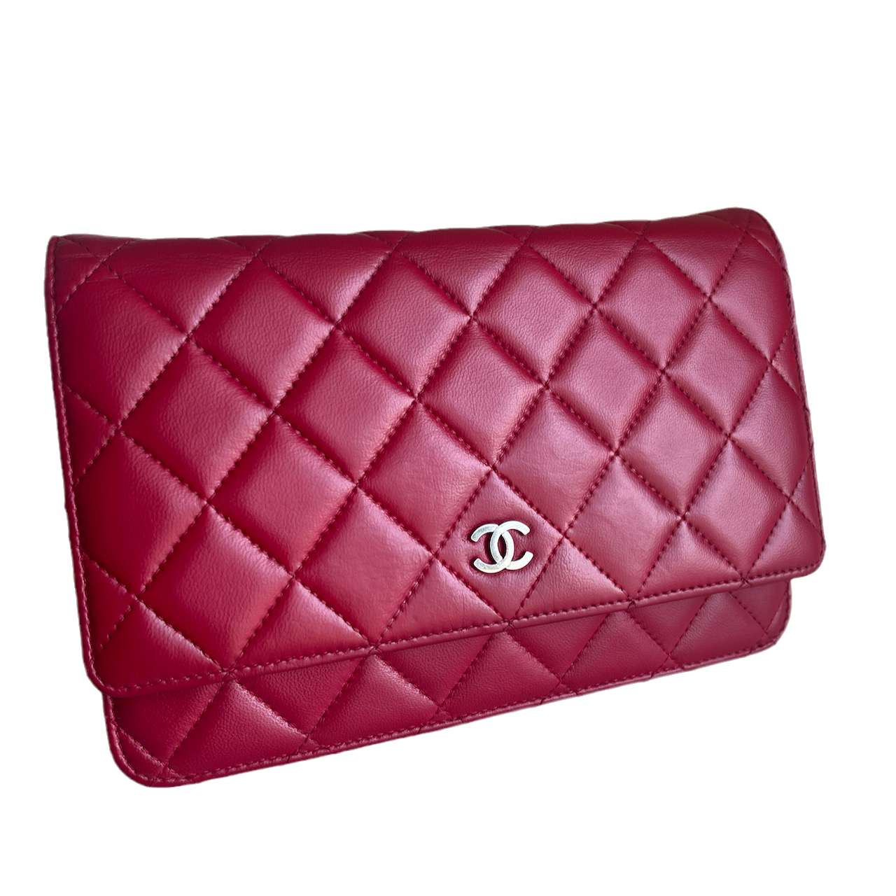 Chanel On Chains WOC Timeless Classic Lambskin Red Leather Wallet Case