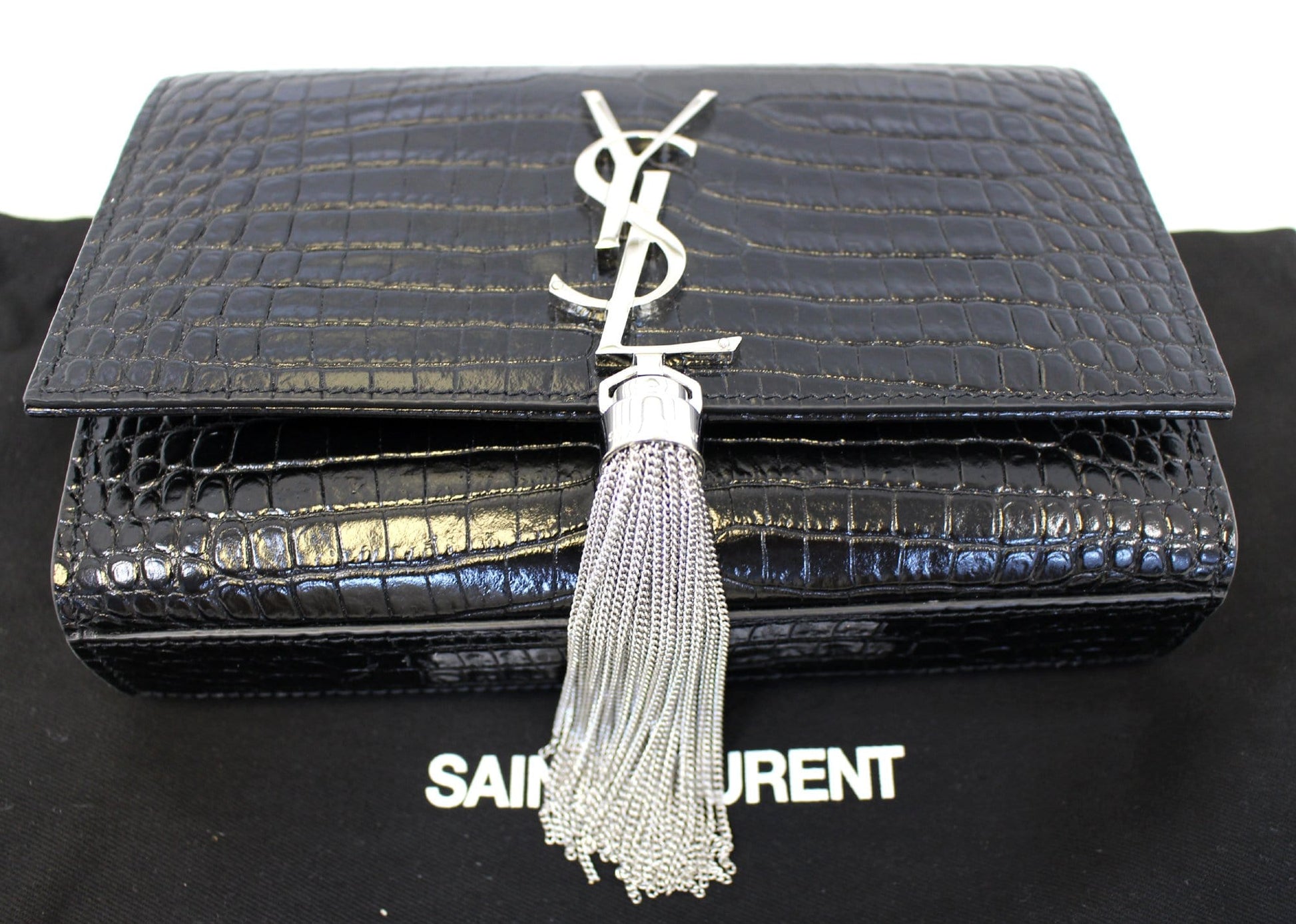 YSL Saint Laurent Yves Crocodile Clutch Crossbody Bag Leather Black Silver Clutch Bag