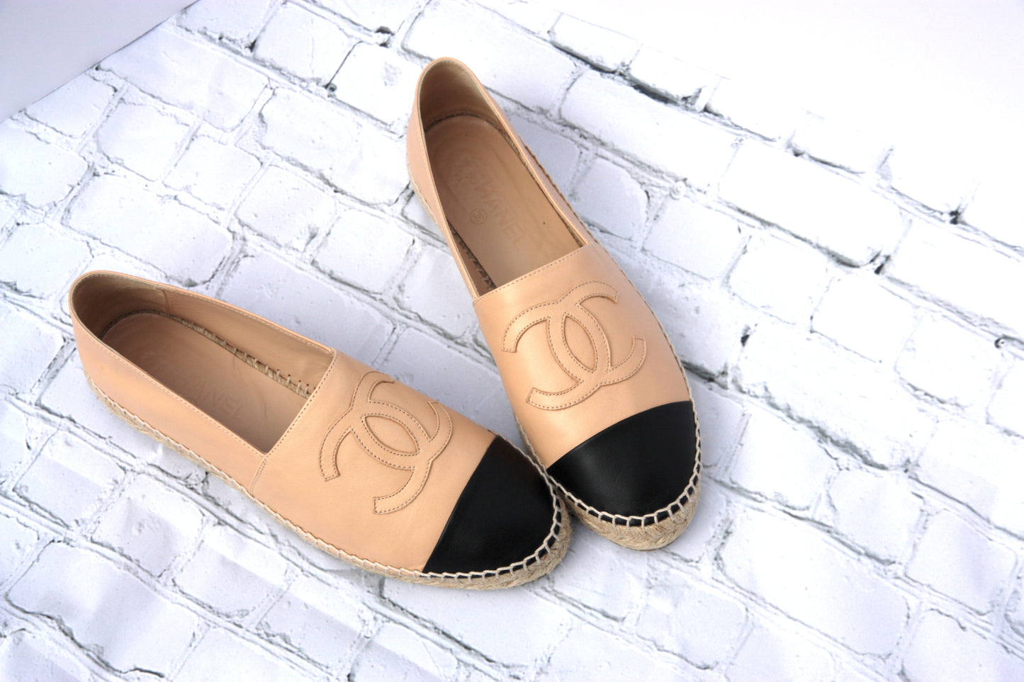 Chanel Beige Black Lambskin Round Toe Espadrilles 41 Handbag