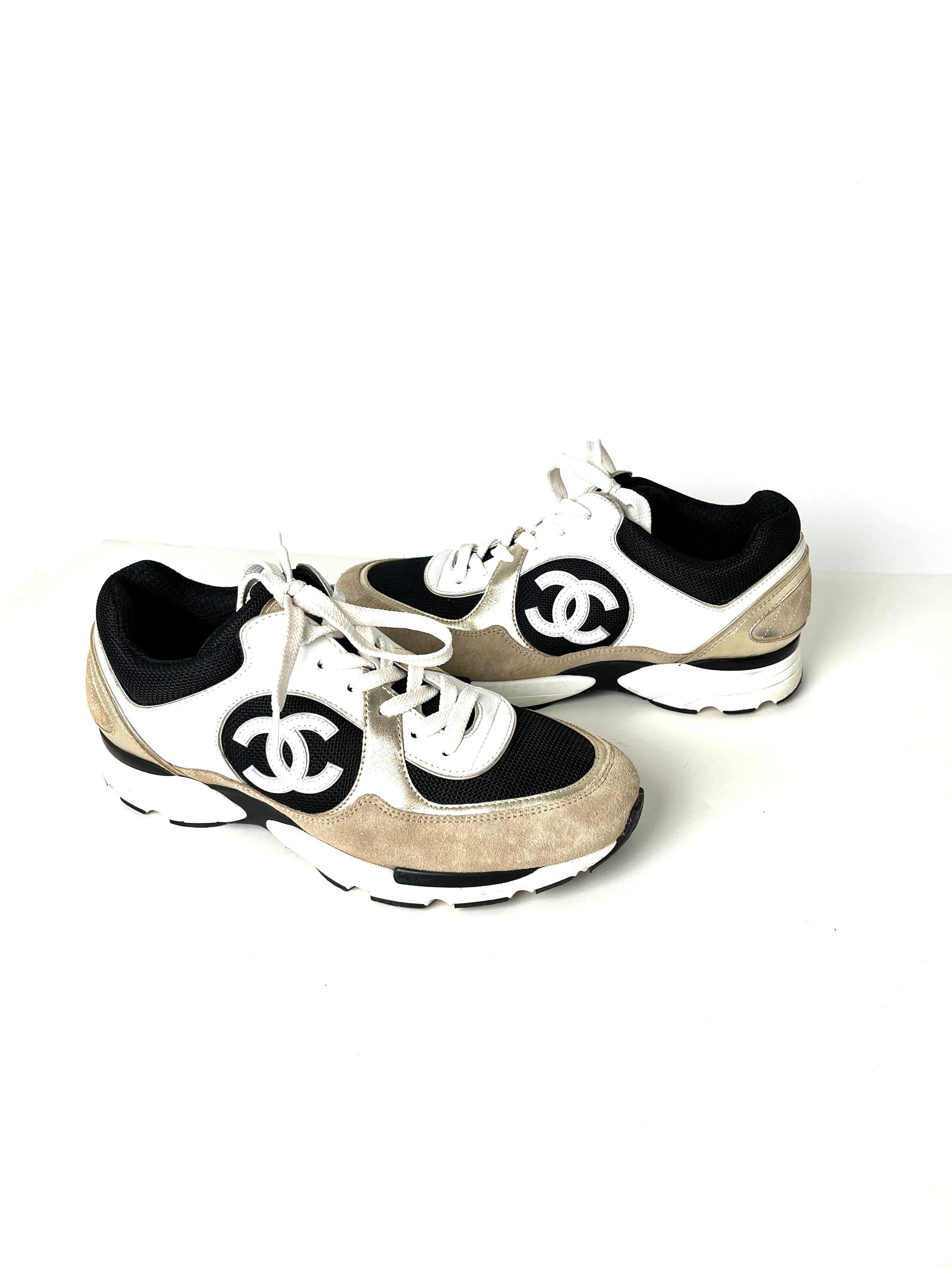 Chanel Logo Cc White Beige Black Sneakers 41 10