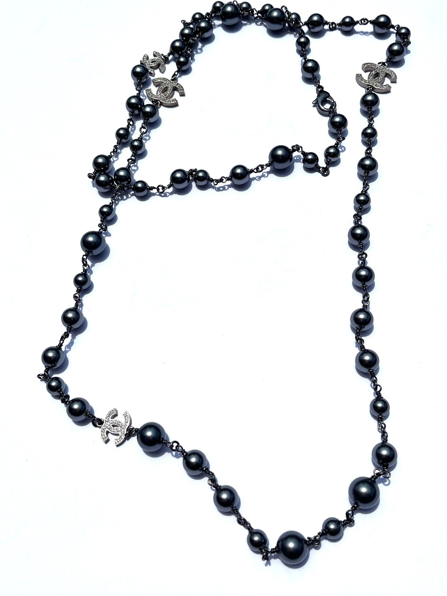Chanel on Layaway Gray Faux Pearl Strass CC Station Long Necklace