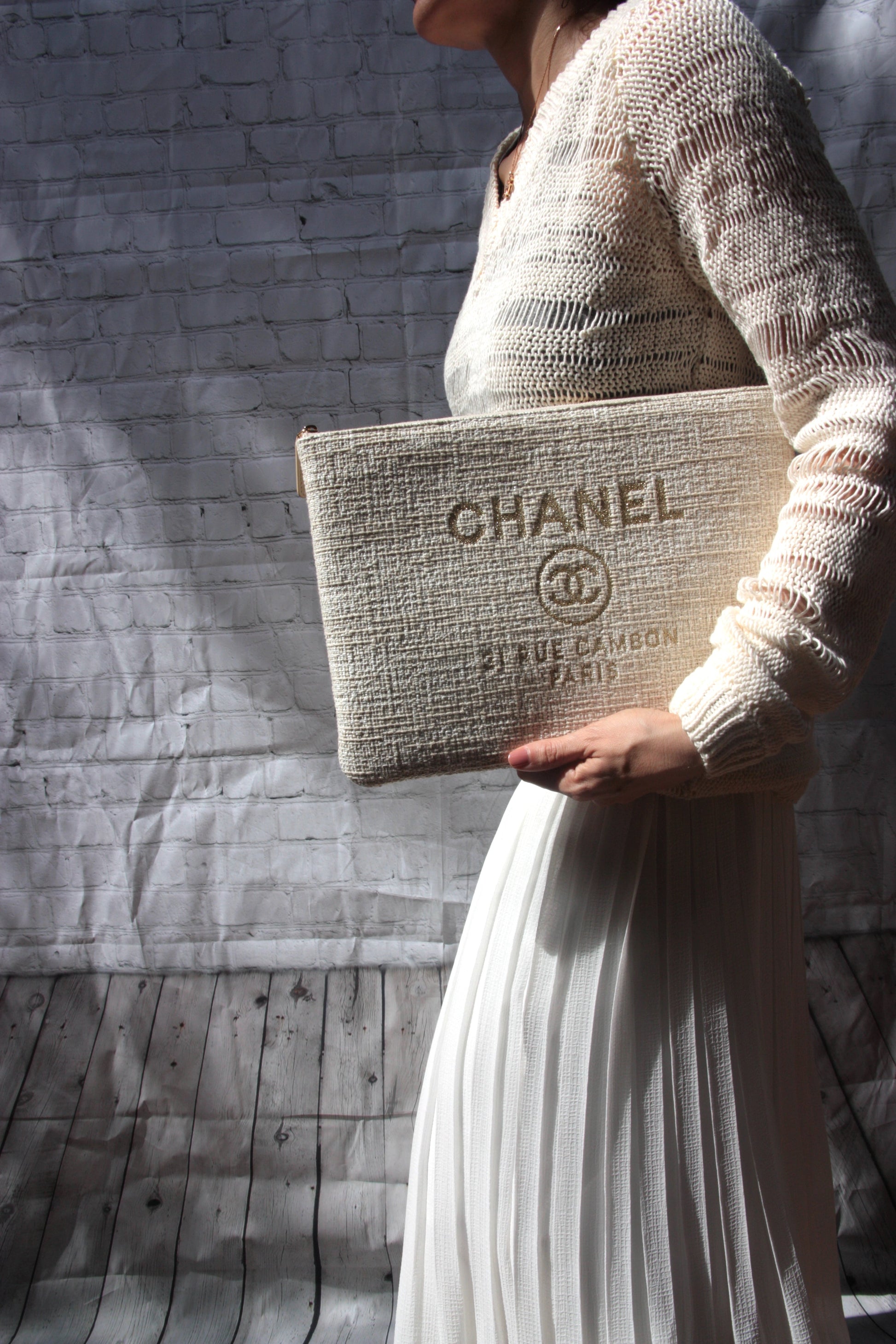 Chanel Large Deauville O Case Woven Clutch Laptop Holder