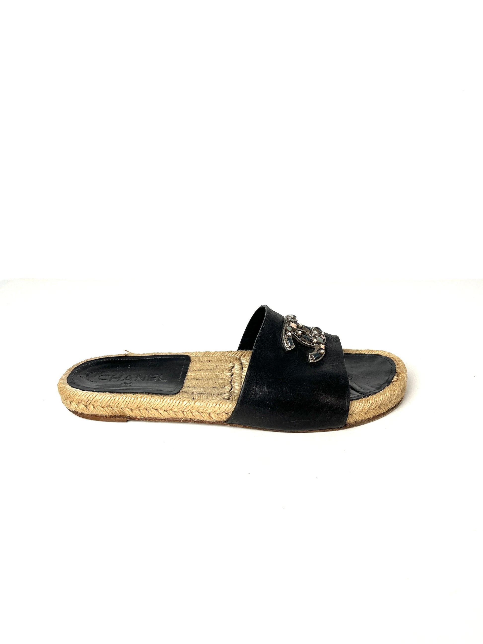 Chanel Espadrille Black Cc Logo Leather Slip On Slides Sandals 41 10.5