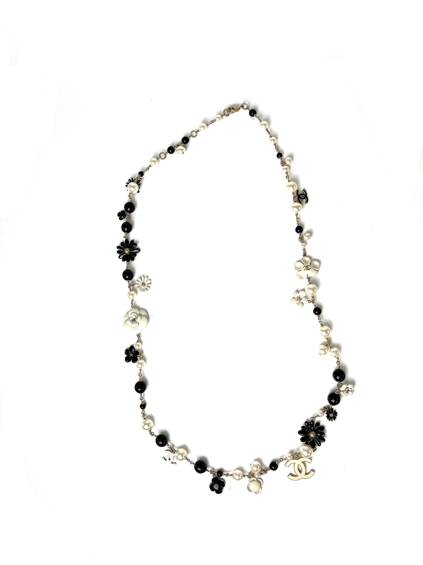 CHANEL Faux Pearl CC Black White Flower Station Long Necklace