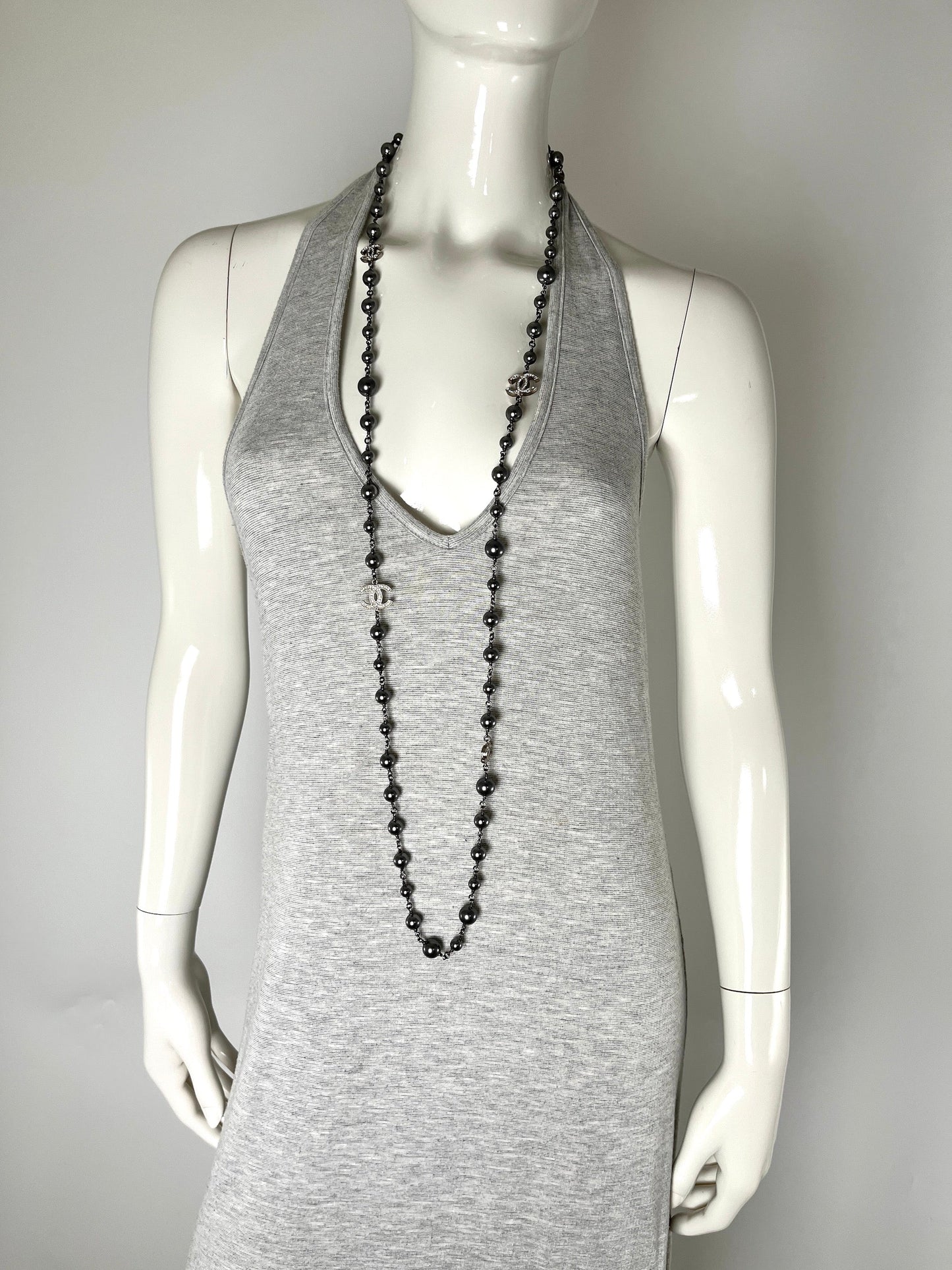 On layaway CHANEL Gray Faux Pearl Strass CC Station Long Necklace
