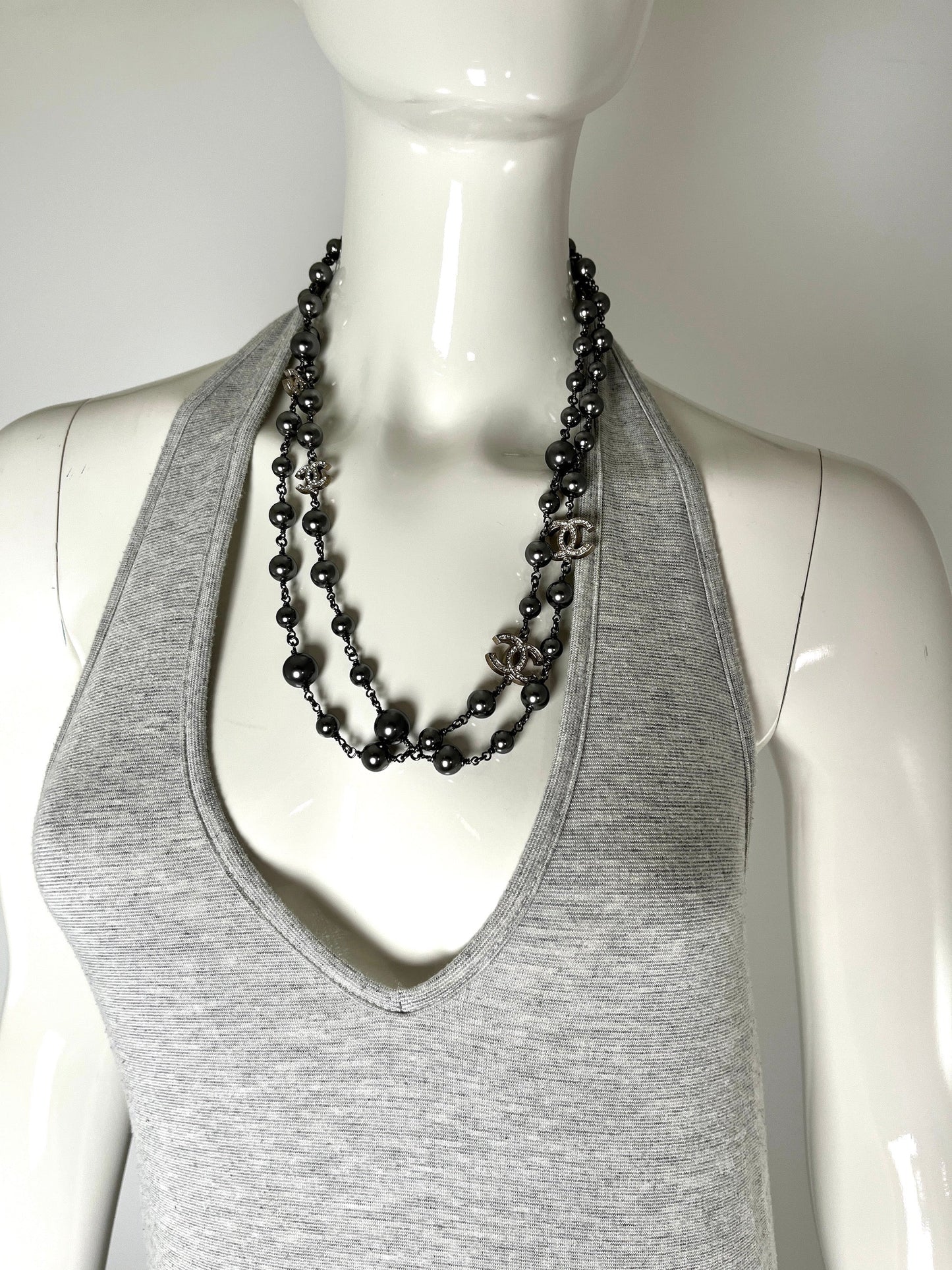 Chanel on Layaway Gray Faux Pearl Strass CC Station Long Necklace