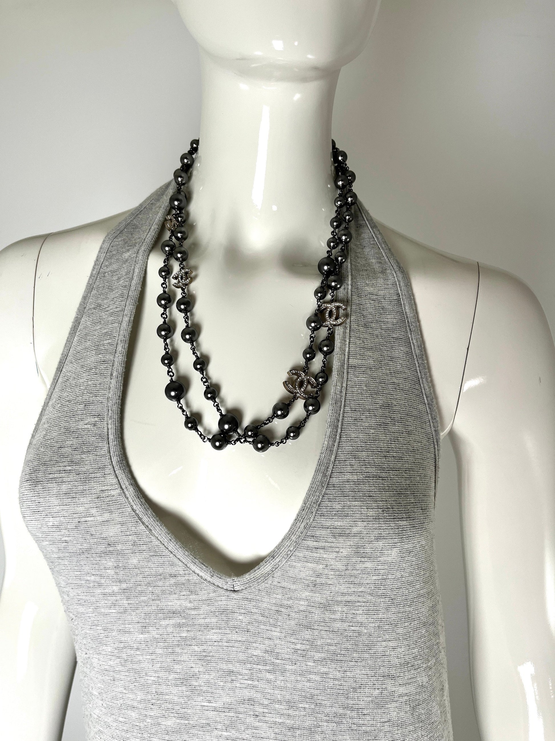 Chanel on Layaway Gray Faux Pearl Strass CC Station Long Necklace