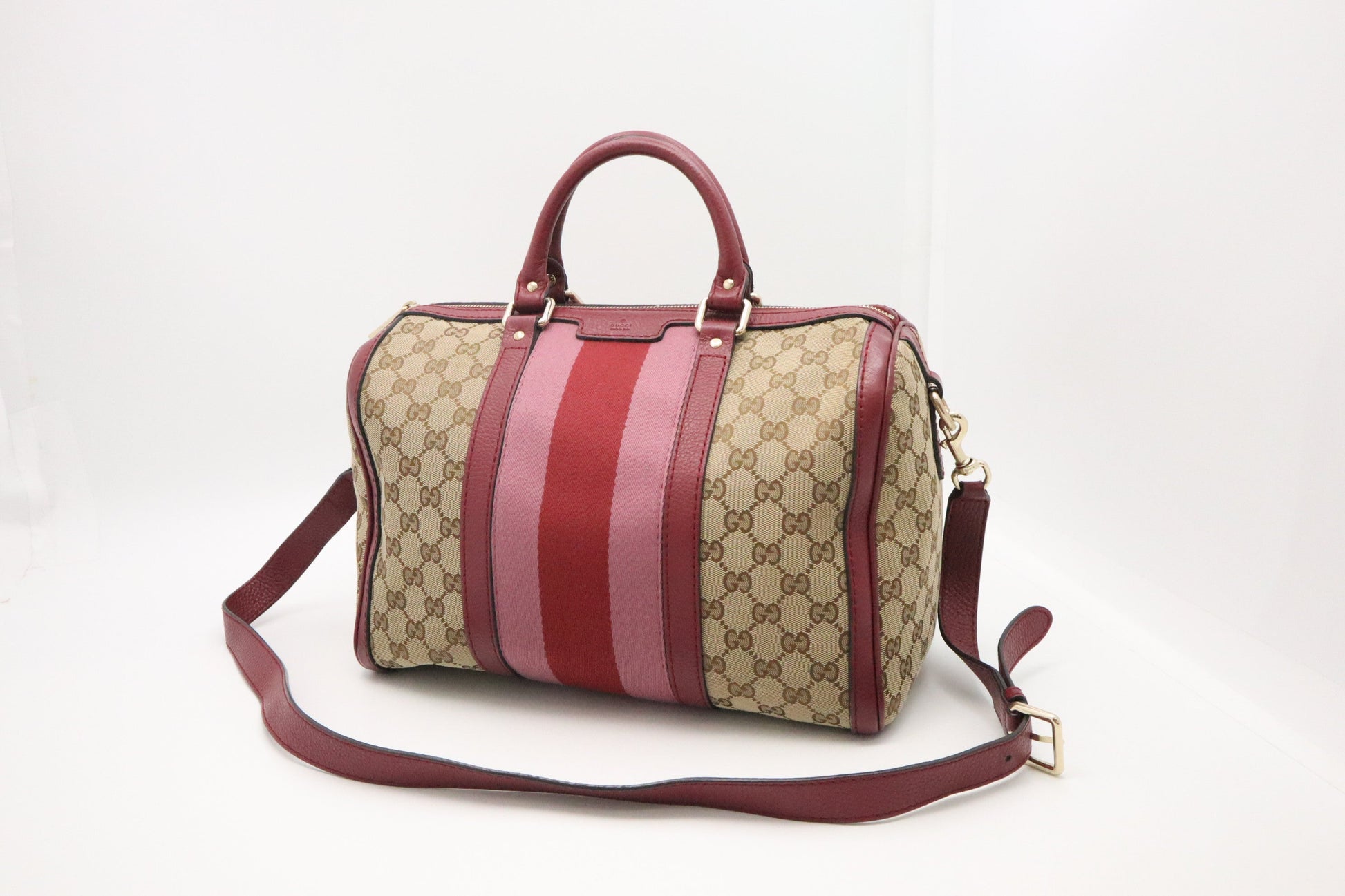 Gucci Boston Burgundy GG Leather Canvas Beige Handbag