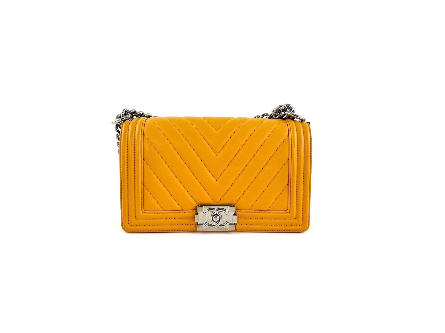 Chanel Boy Old Medium Yellow Chevron Quilted Calfskin Bag