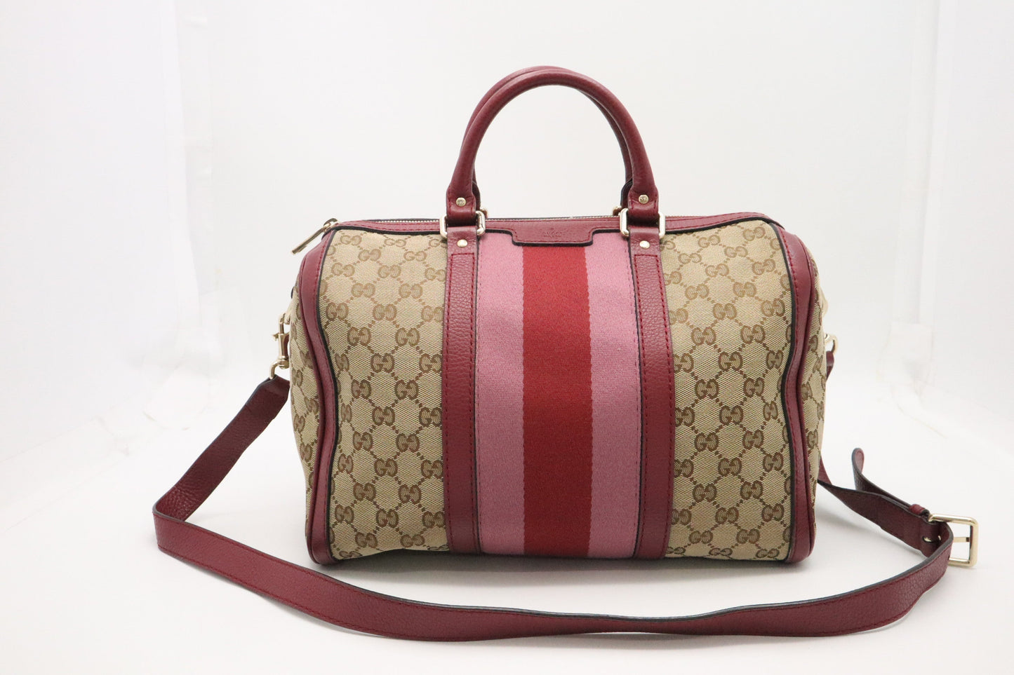 Gucci Boston Burgundy GG Leather Canvas Beige Handbag