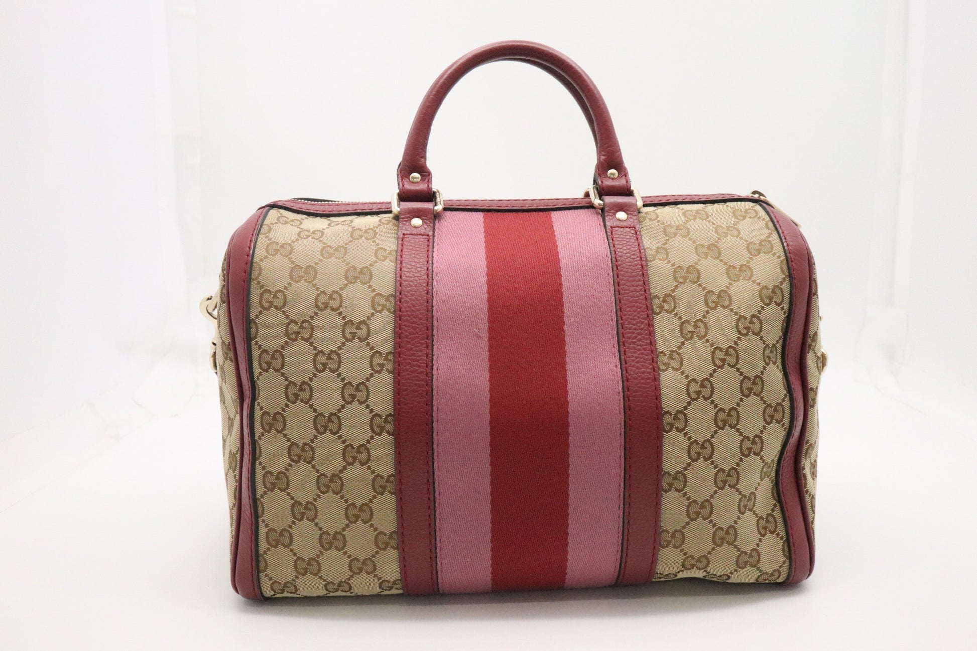 Gucci Boston Burgundy GG Leather Canvas Beige Handbag