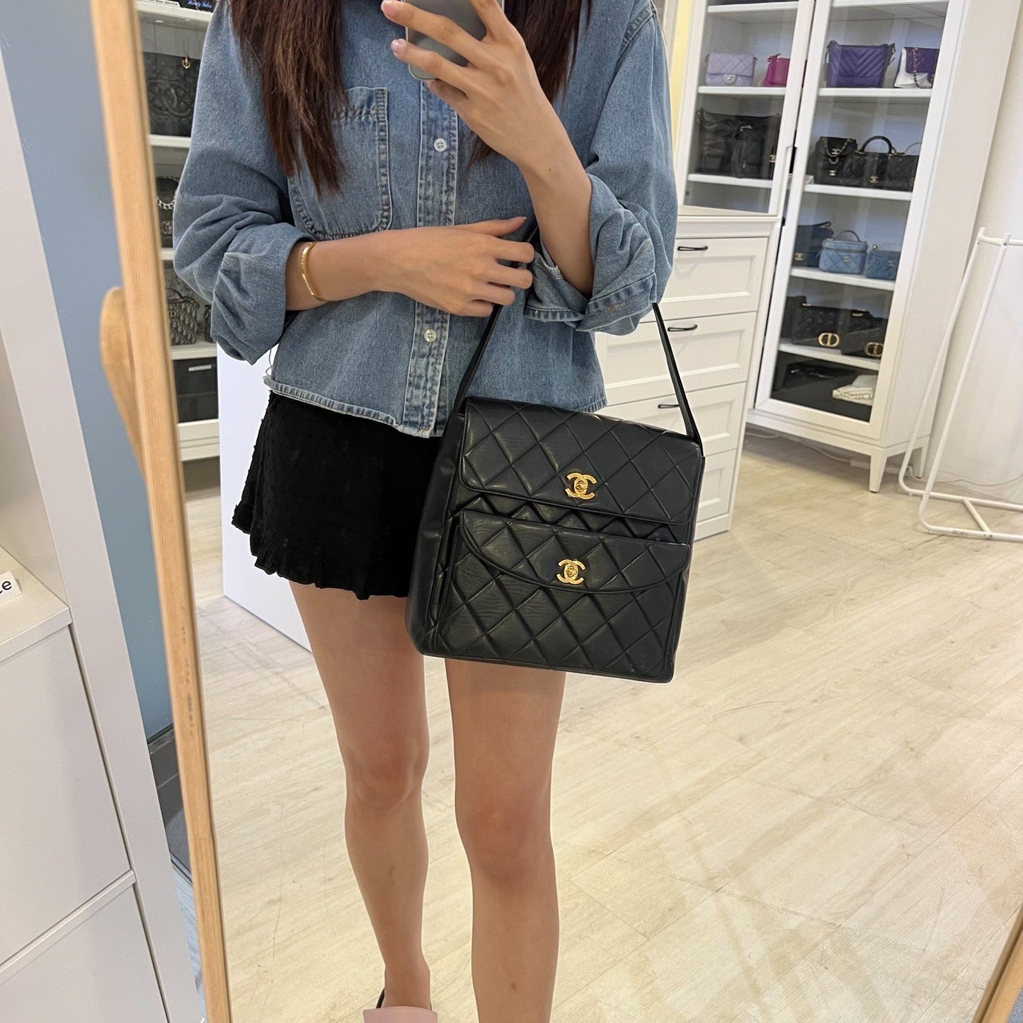 Chanel   Double Pocket Shoulder Bag in Black Lambskin and 24K GHW
