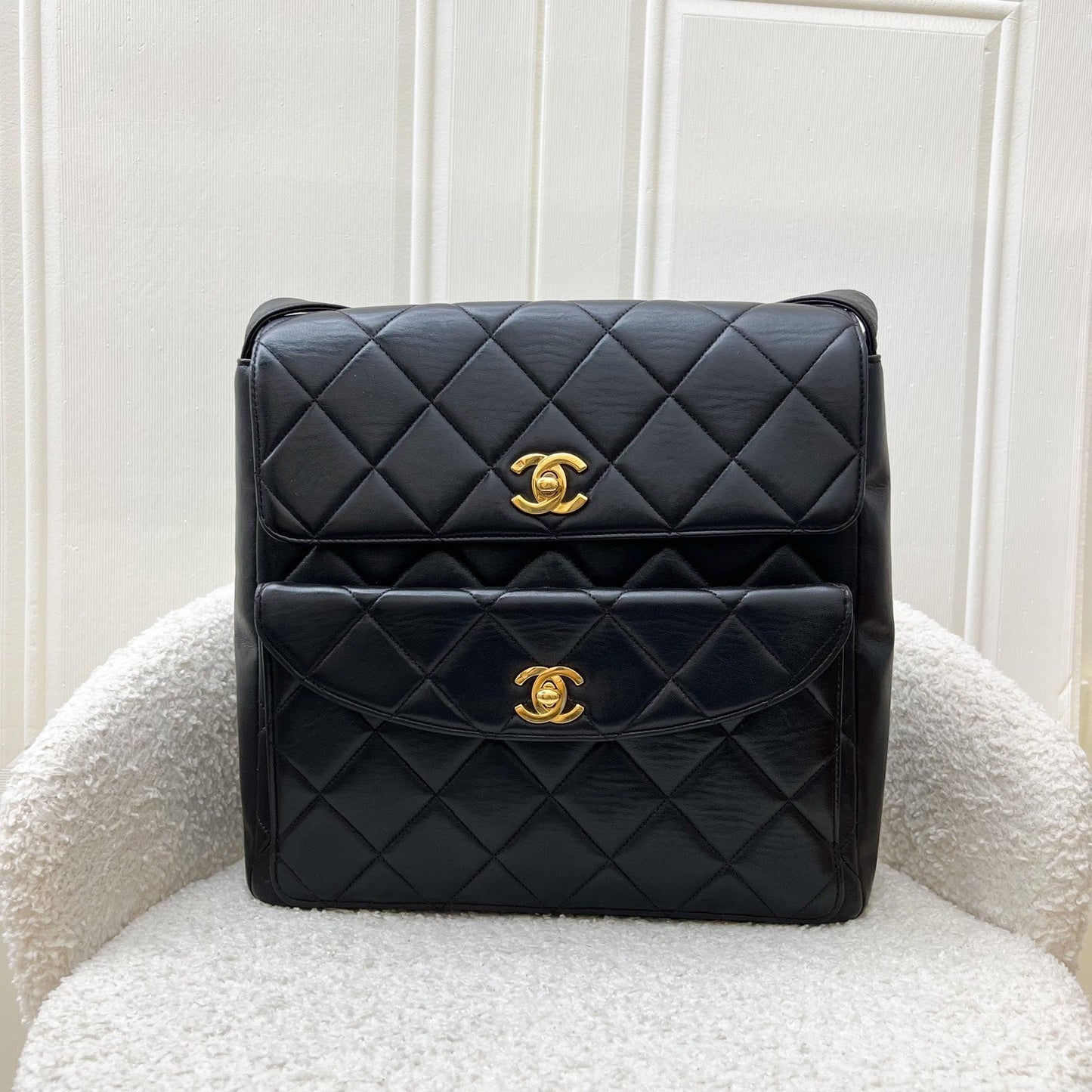 Chanel   Double Pocket Shoulder Bag in Black Lambskin and 24K GHW