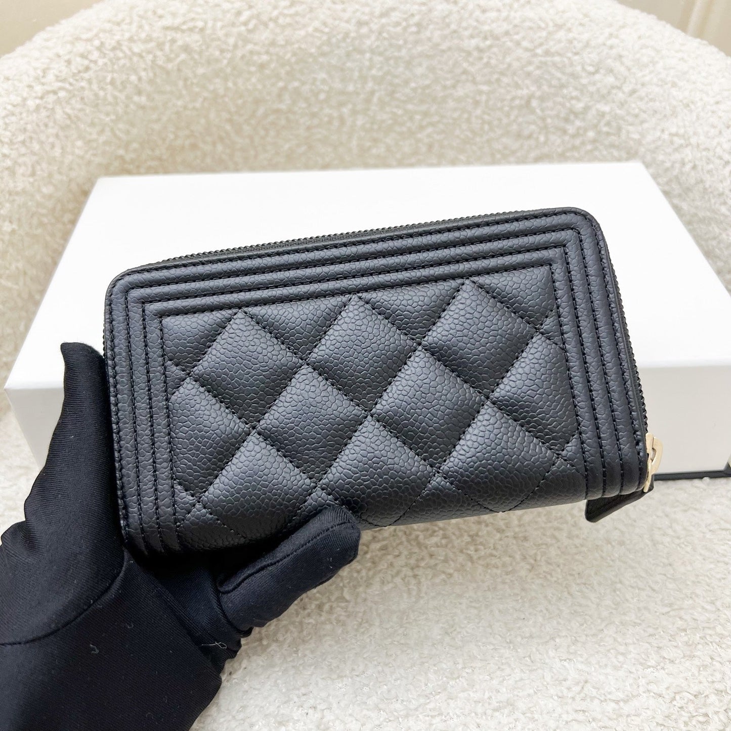 Chanel Boy Medium Mid Length Zippy Wallet in Black Caviar and LGHW (Model: A80566)
