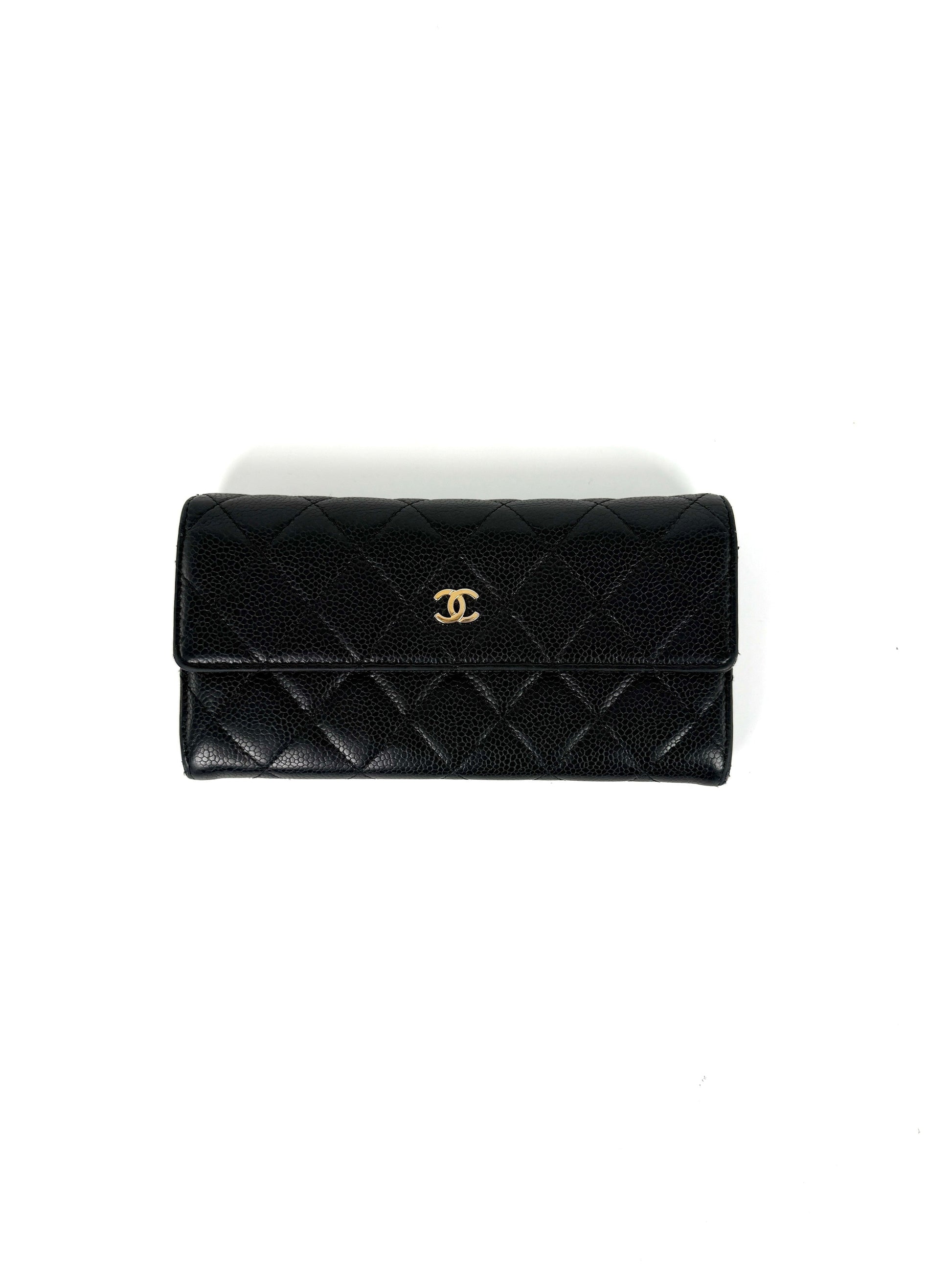 Chanel Black Caviar Leather Flap Long Continental Wallet Handbag