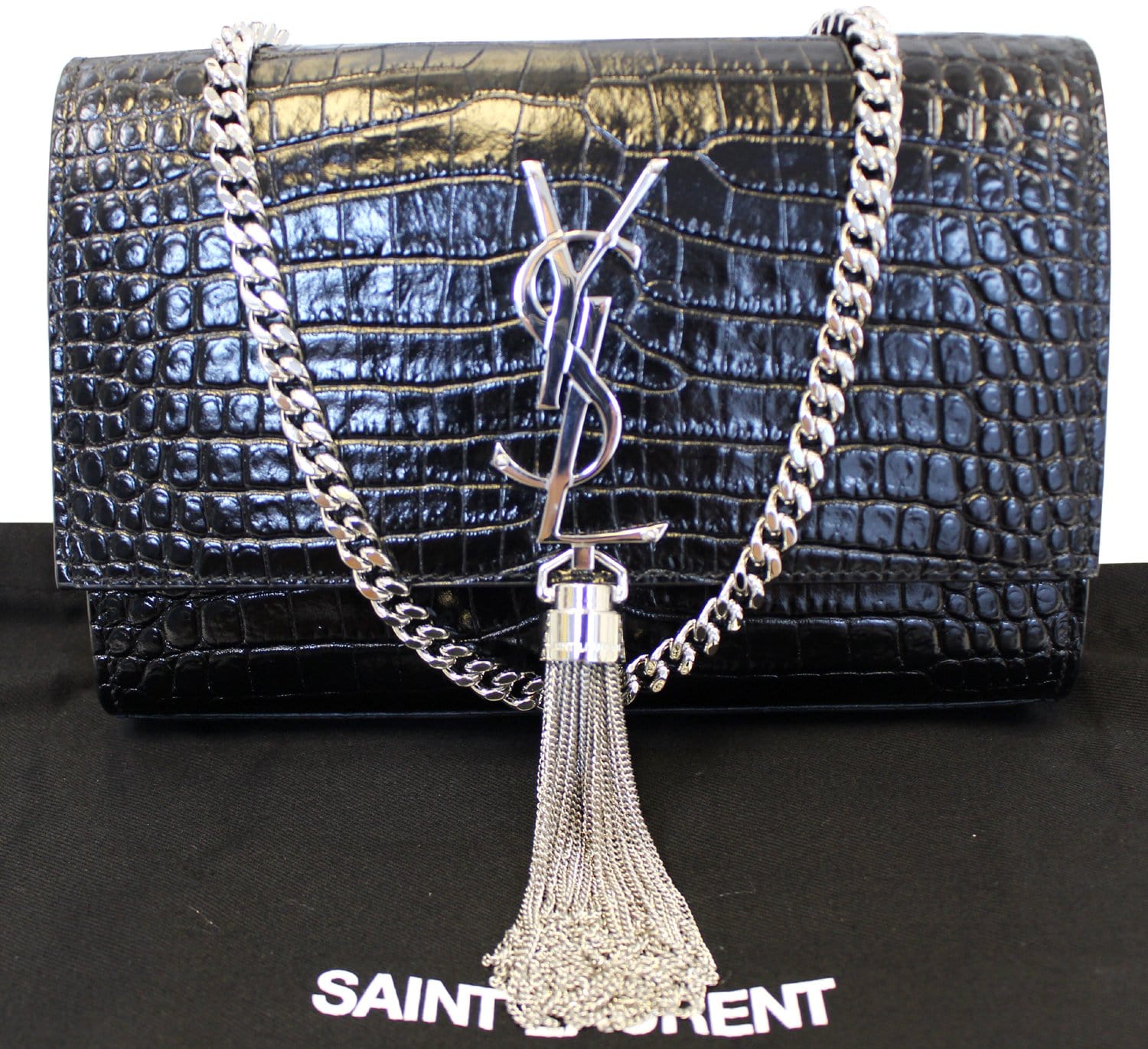 YSL Saint Laurent Saint Crocodile Chain Clutch Crossbody Bag Leather Black