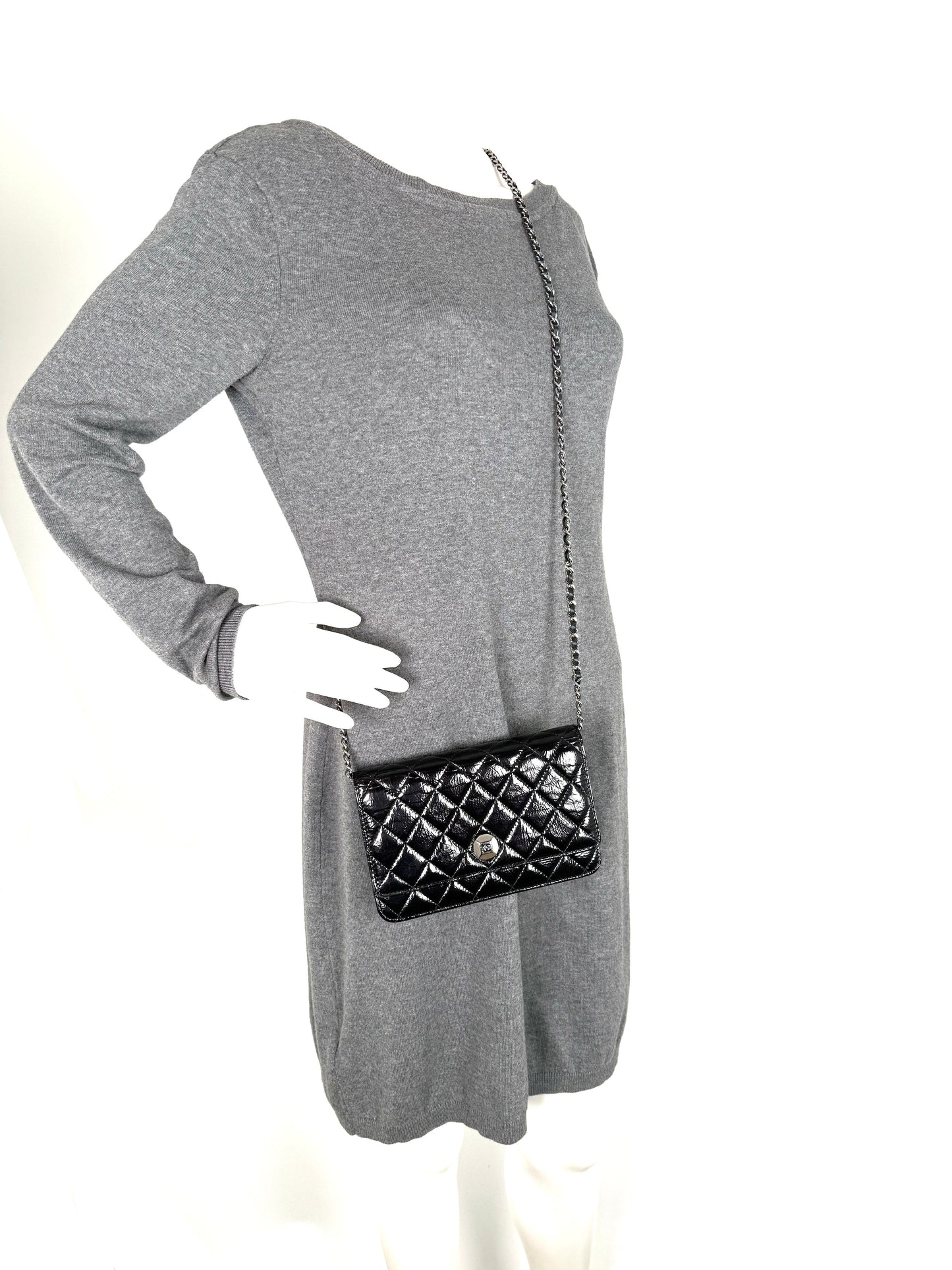 Chanel Black Glazed Wallet on Chain Crossbody WOC Bag