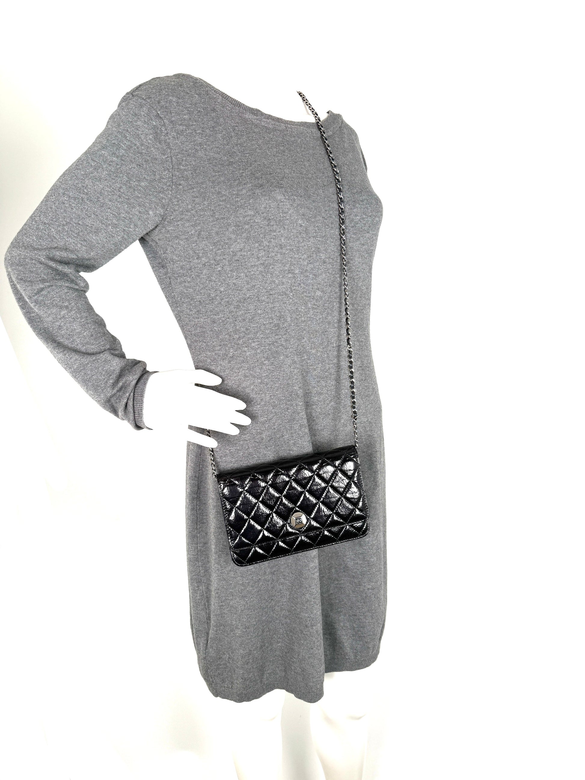 Chanel Black Glazed Wallet on Chain Crossbody WOC Bag