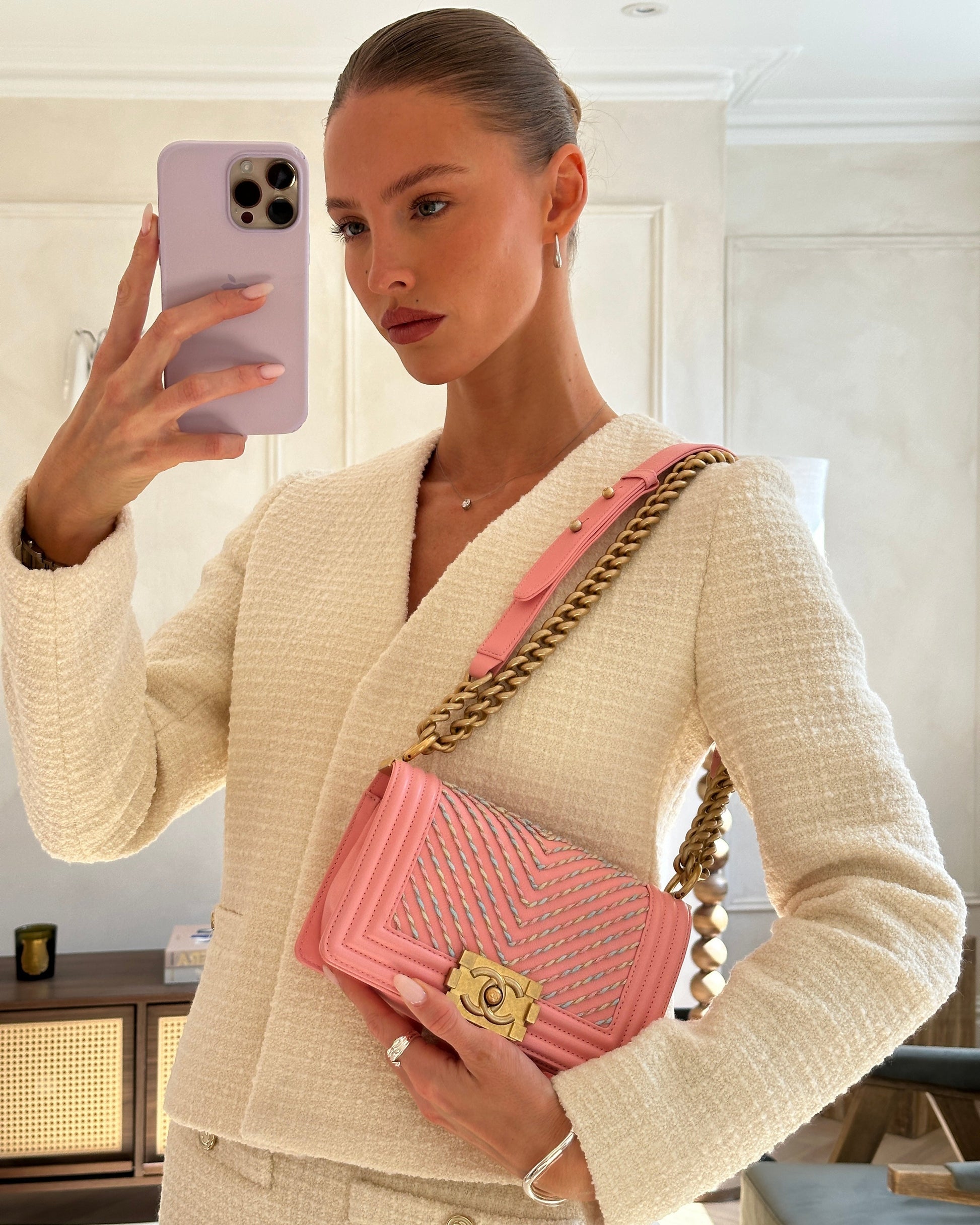 Chanel Pink Small Boy Bag In Lambskin Leather With Pastel Chevron Detail And Brushed Gold Hardware