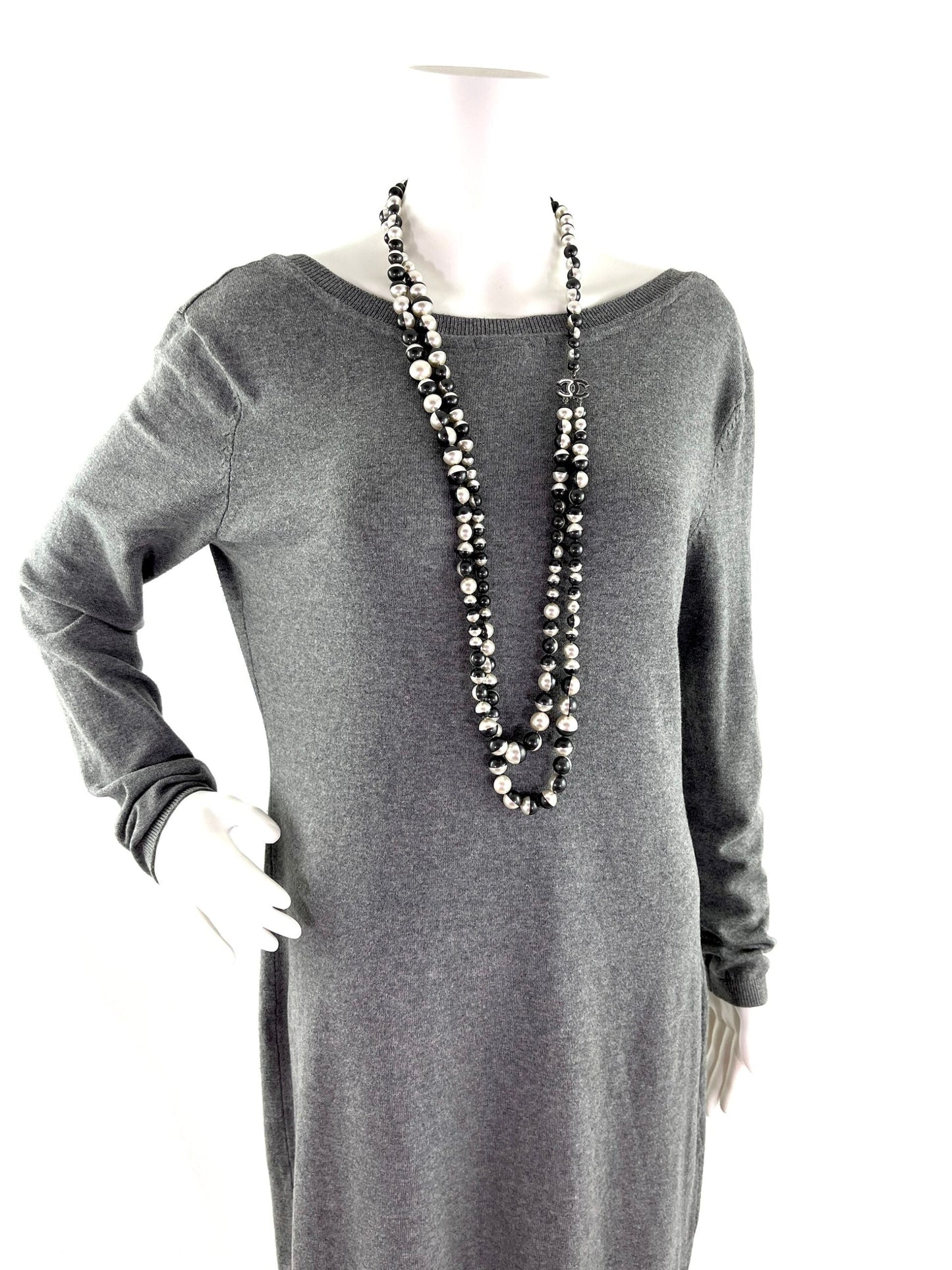 Chanel Faux Pearl Black Silver Multistrand CC Long Necklace