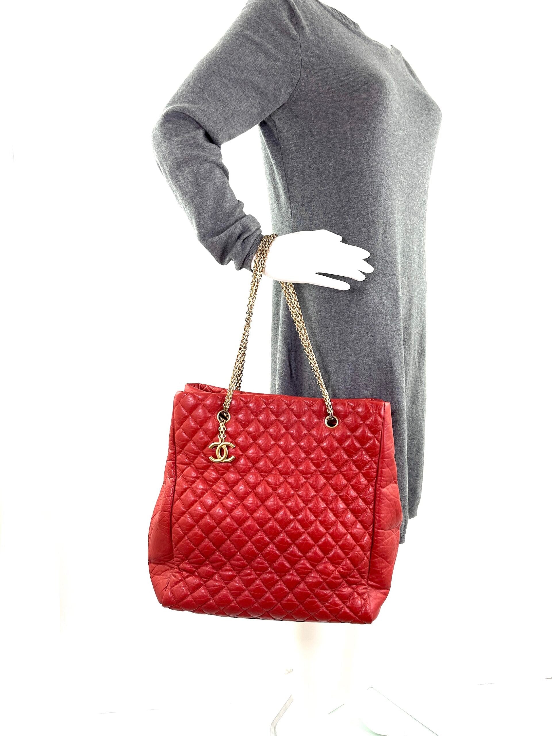 Chanel Red Quilted North South Chain Leather Tote Bag