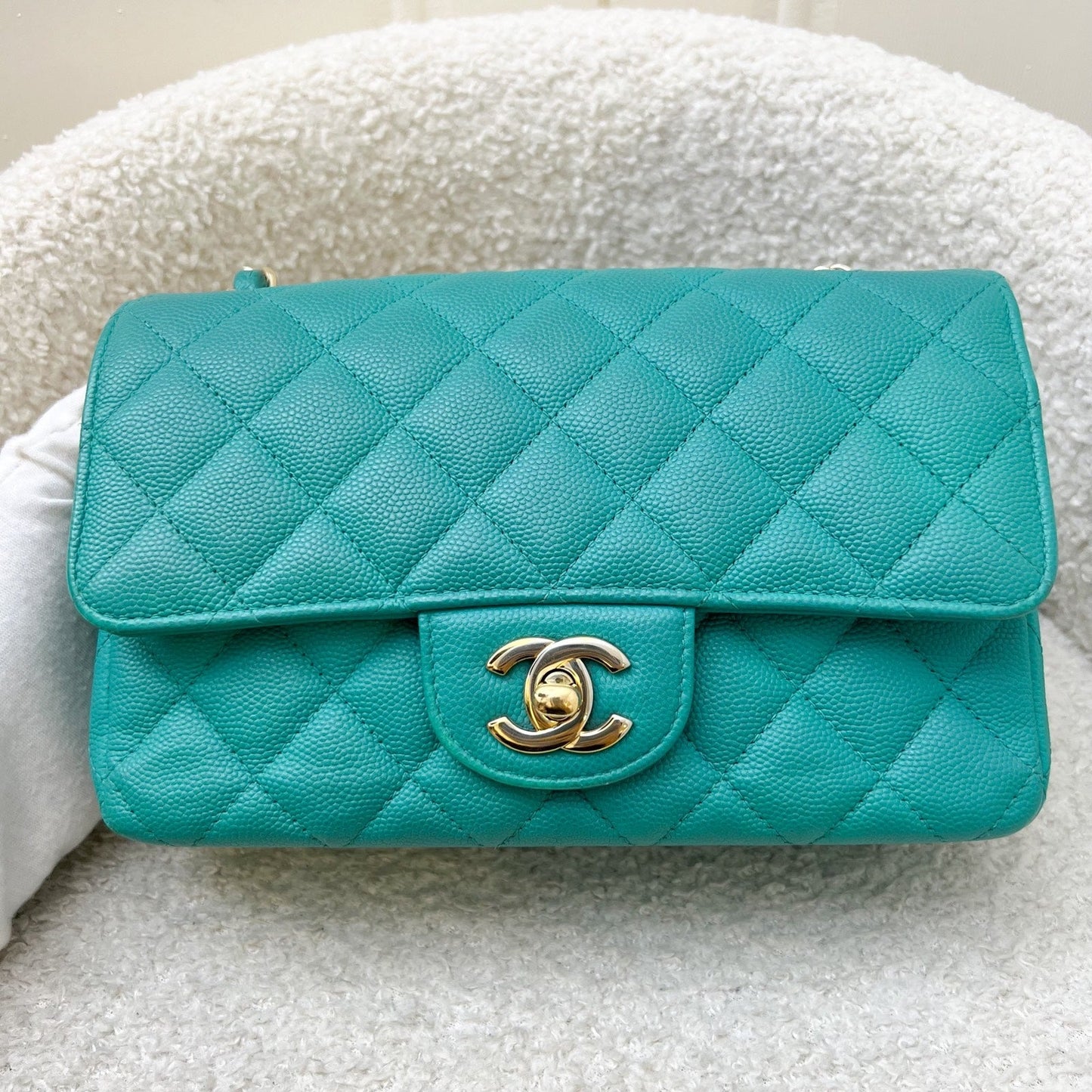 Chanel Classic Mini Rectangle Flap in Turquoise Caviar and Lghw Handbag