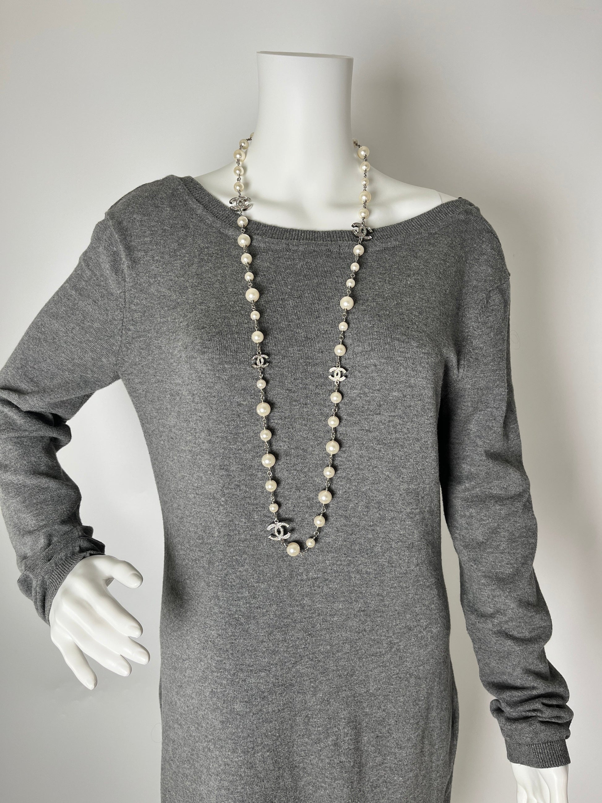 Chanel Faux Pearl And Strass Cc Long Station Classic Necklace