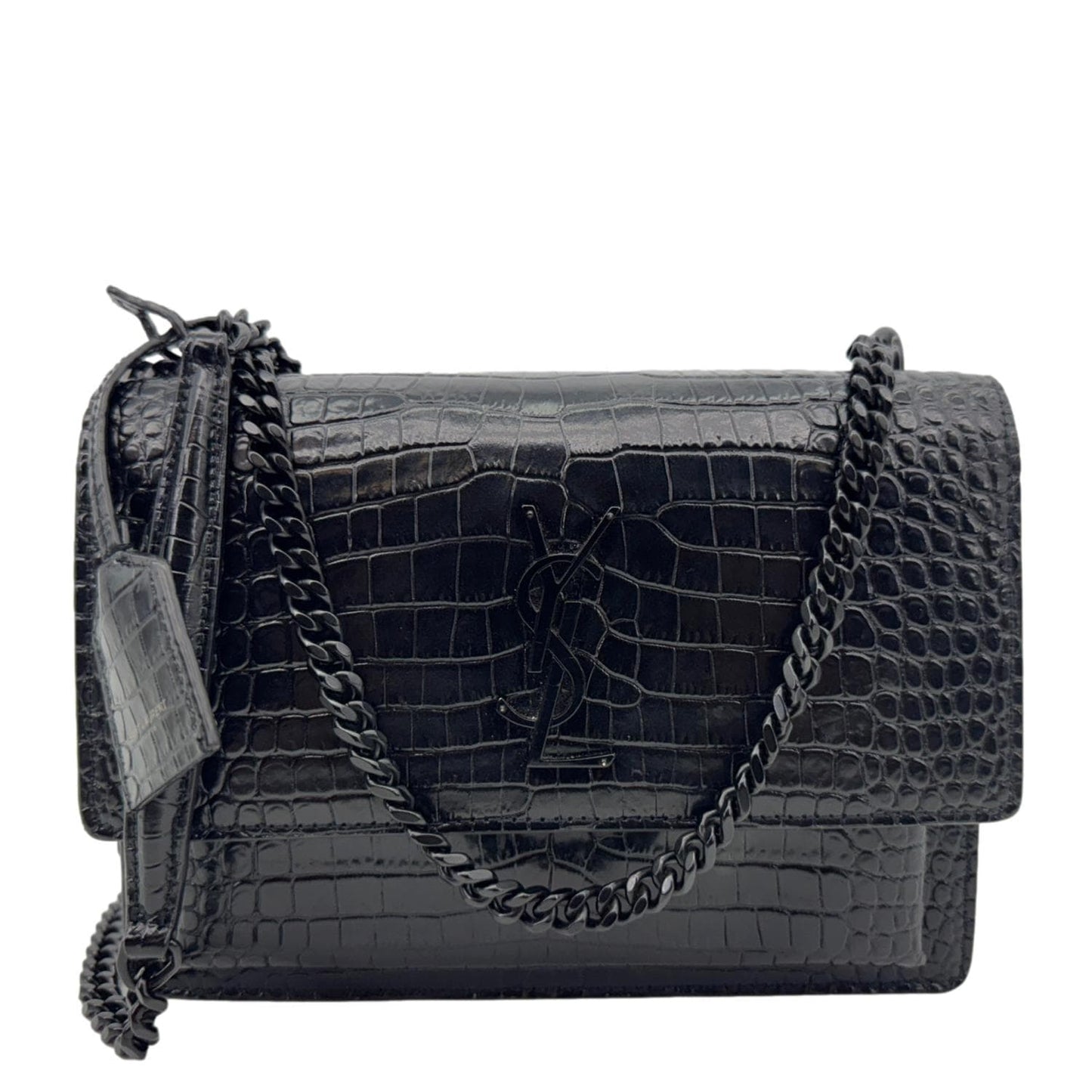 YSL Saint Laurent Yves Sunset Crocodile Shoulder Bag Leather Monogram Black