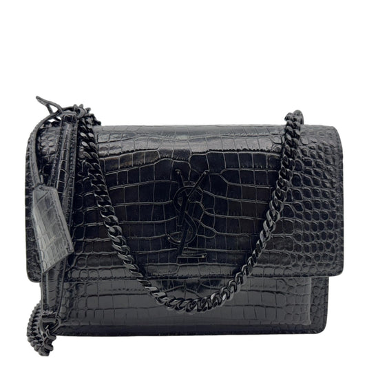 YSL Saint Laurent Yves Sunset Crocodile Shoulder Bag Leather Monogram Black