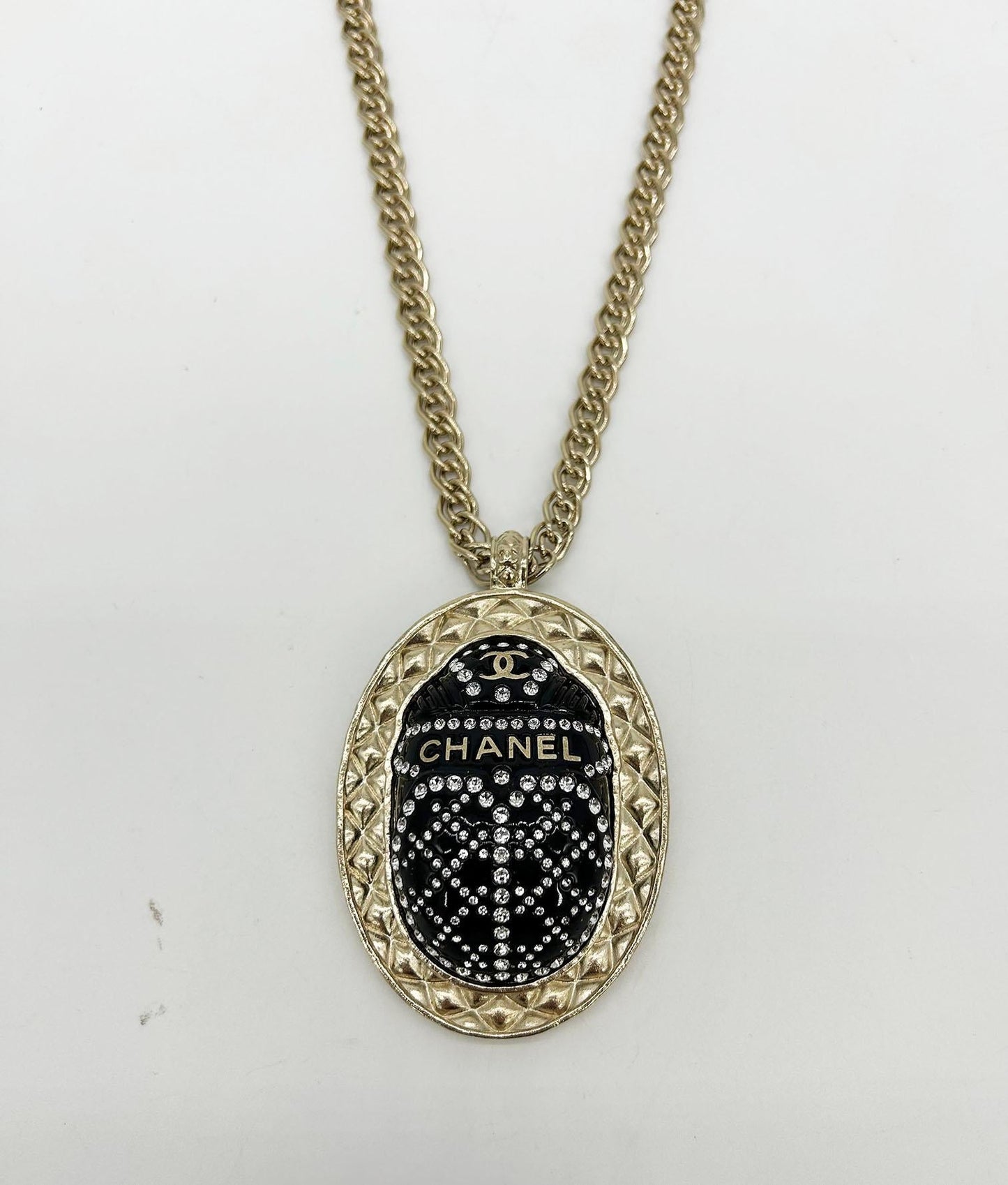 Chanel Black Rhinestone Egyptian Scarab Necklace