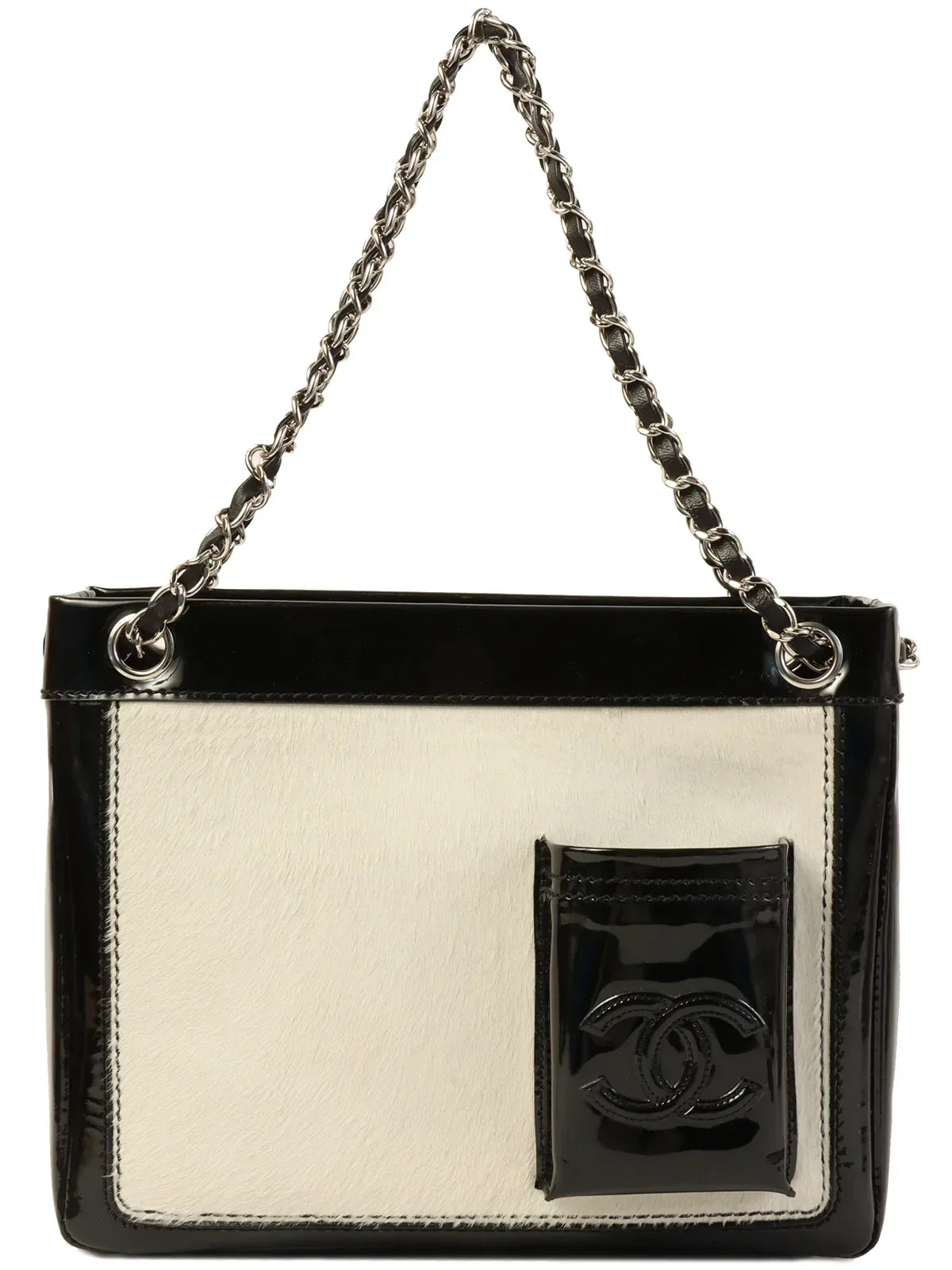 Chanel Around  Made Unborn Calf Patent Conbination Cc Mark Stitch Chain Tote Bag White/Black